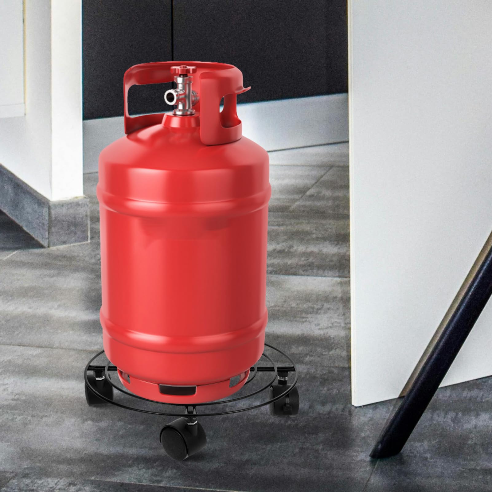Amosfun Mobiler Gasflaschenständer aus Eisen mit Bremsrädern für Propangastanks bis 27cm Durchmesser Runder Gasflaschenhalter für Haushalt und Gewerbe