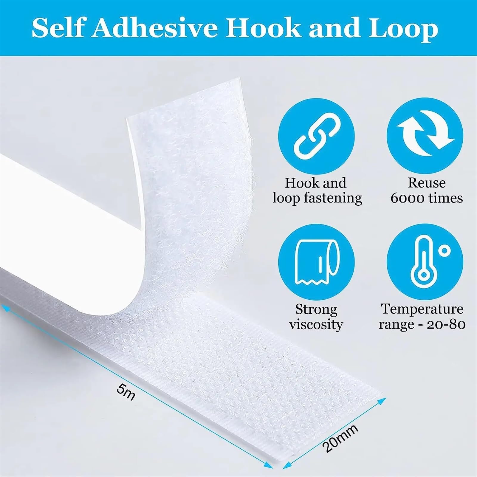 Adhesivo Fuerte Hook Y Loop Cinta adhesiva mágica for rascar, autoadhesiva, adhesivo de doble cara Extra fuerte con pegatina, cierre gancho y bucle potente(20Meter)