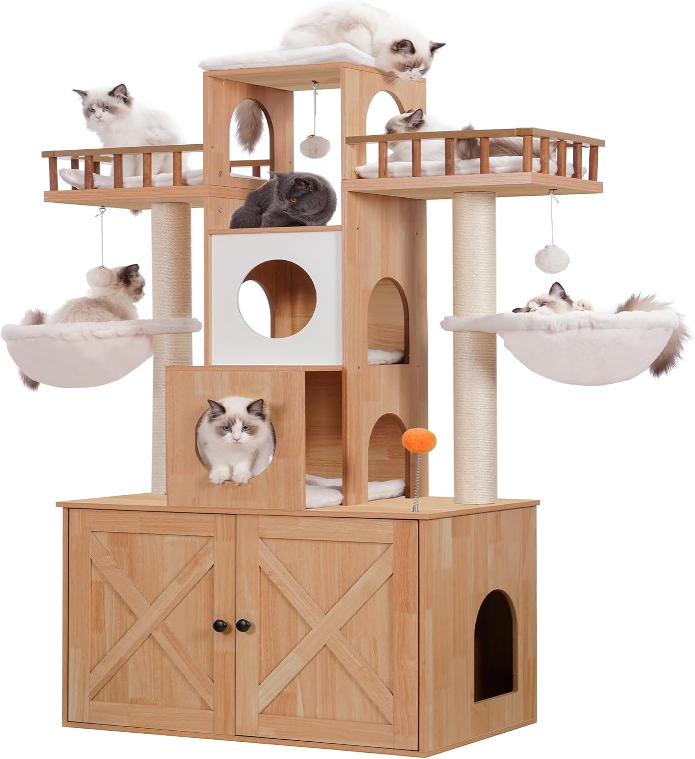 Heybly Cat Tree with Litter Box Enclosure for Indoor Big Cat, Cat Tower for Large Cats 20lbs Heavy Duty, Modern Cat Condo Furniture with Scratching Posts, Walnut HCT110WB 60 inch Walnut