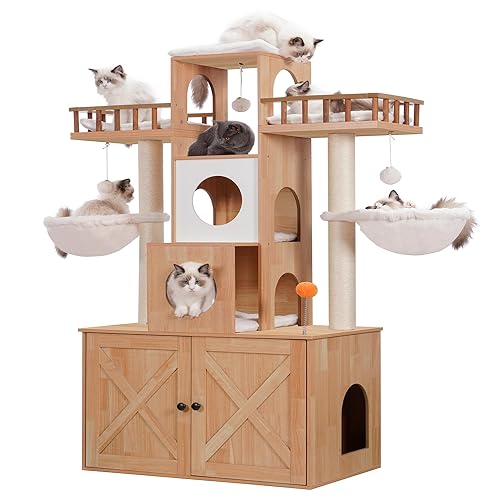 Heybly Cat Tree with Litter Box Enclosure for Indoor Big Cat, Cat Tower for Large Cats 20lbs Heavy Duty, Modern Cat Condo Furniture with Scratching Posts, Walnut HCT110WB - 60 inch - Walnut