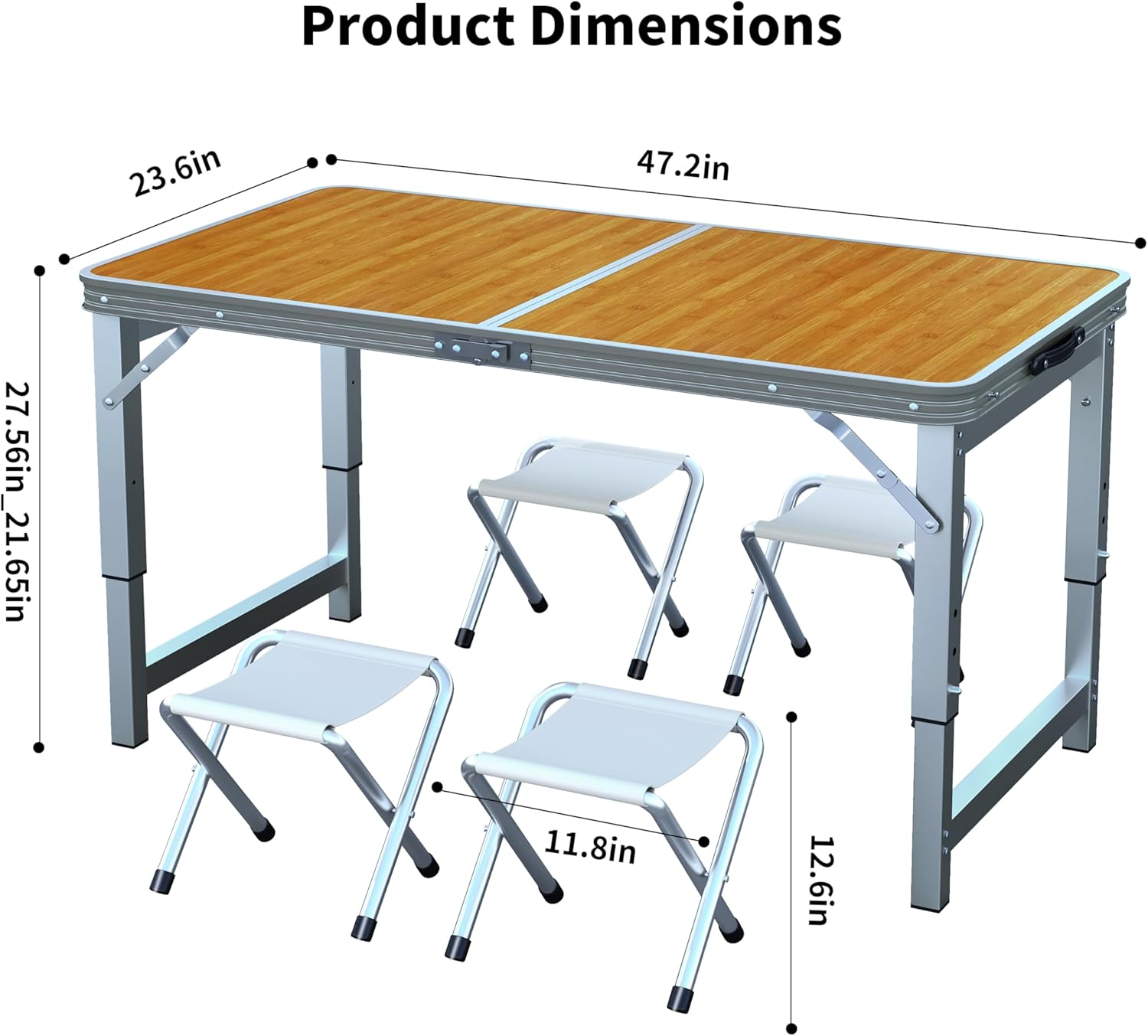 UNICOO® 4ft Portable and Foldable Indoor Outdoor Camping Table with 4 Chairs Set, Adjustable Height Dining Table, Multifunctional Folding Utility Camp Table for Camping and Parties (Honey Maple)