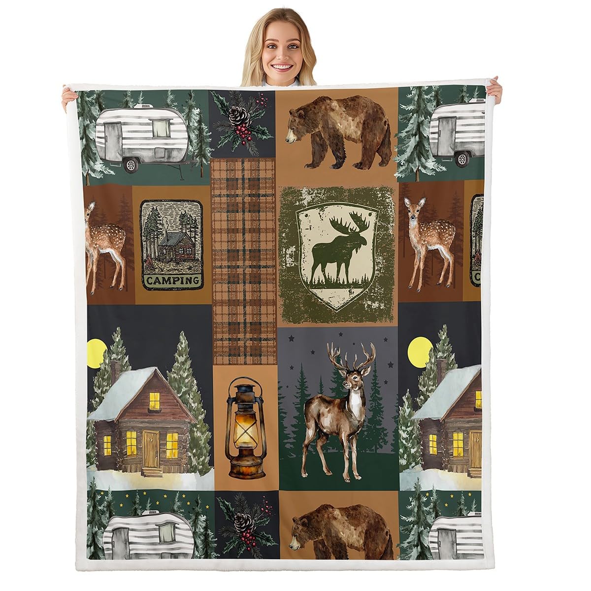 Farmhouse Bear Throw Blanket, Queen Size, Rustic Cabin Lodge Fuzzy, Retro Woodland Deer Fleece, Hunting Wild Animal Plaid Checkered Soft Warm Plush