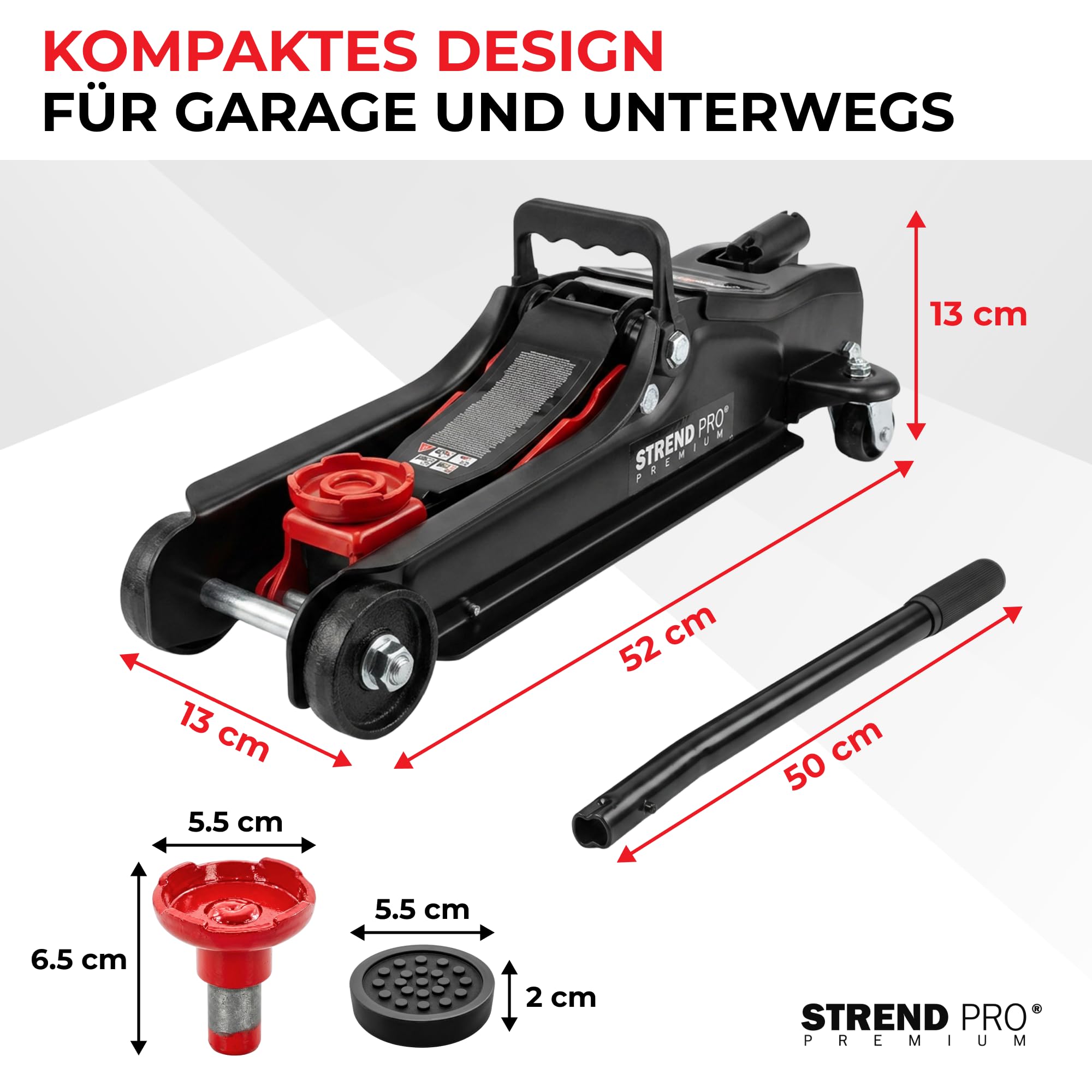 STREND PRO Premium Rangierwagenheber 2,5 t, hydraulischer Wagenheber flach, 80-360 mm Hubhöhe, fahrbar, mit Gummiadapter, niedrige Bauform für PKW