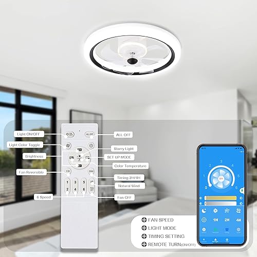 Miniatura 7 de Ventilador de techo de perfil bajo con luz, LED inteligente de 20 pulgadas regulable de montaje empotrado moderno ventilador de techo interior con