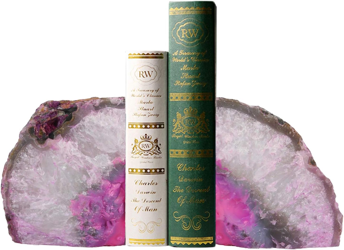 AMOYSTONE Brazilian Pink Agate Geode Bookends 1 Pair 3-4 Lbs Unique Home Decor for Shelf Organizer Video Games & CDs