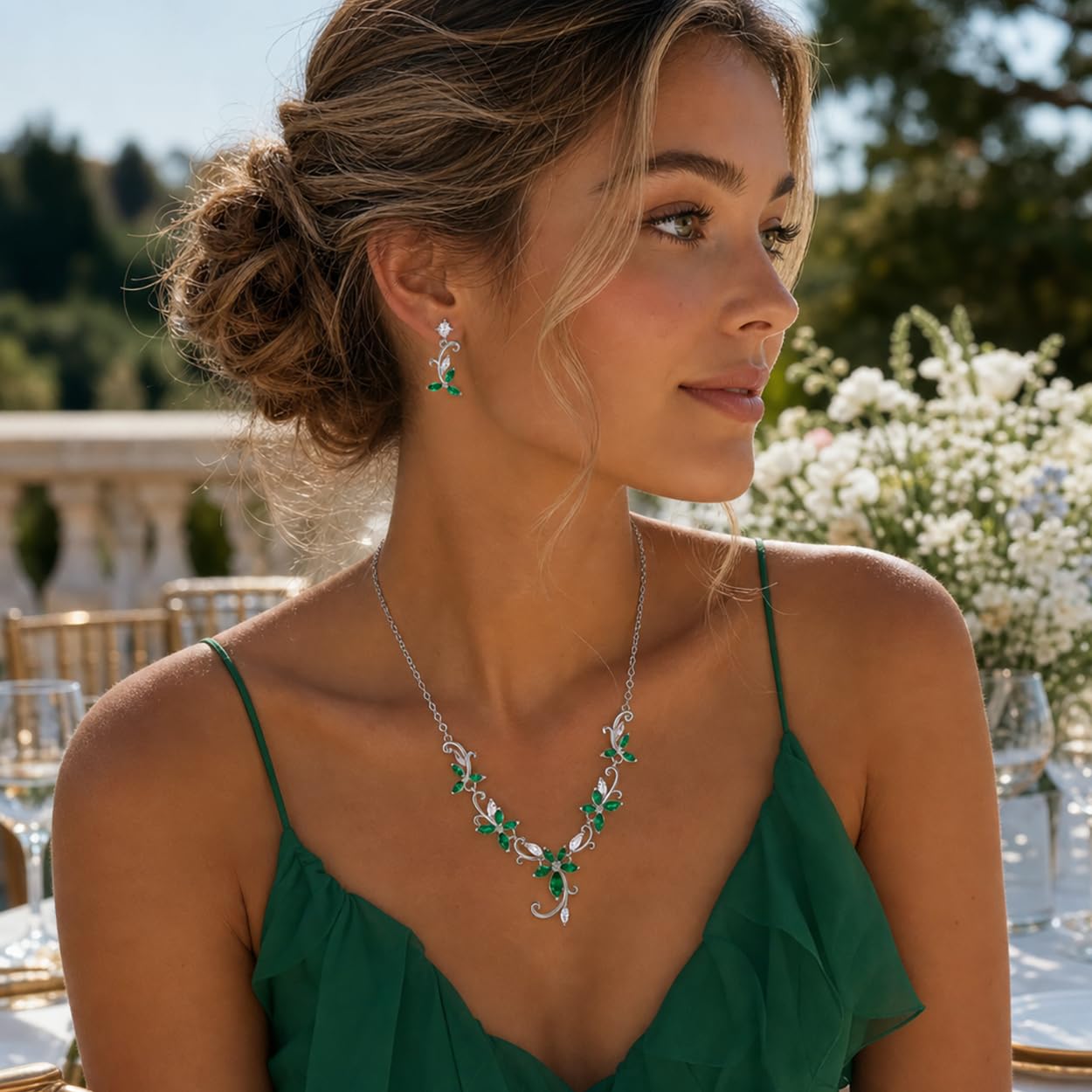 Crysdue Juego de joyas de boda con hojas de flores para novia de novia, circonita cúbica en forma de lágrima elegante collar de vid para bodas, fiestas de graduación, Zirconia cúbica, circonita
