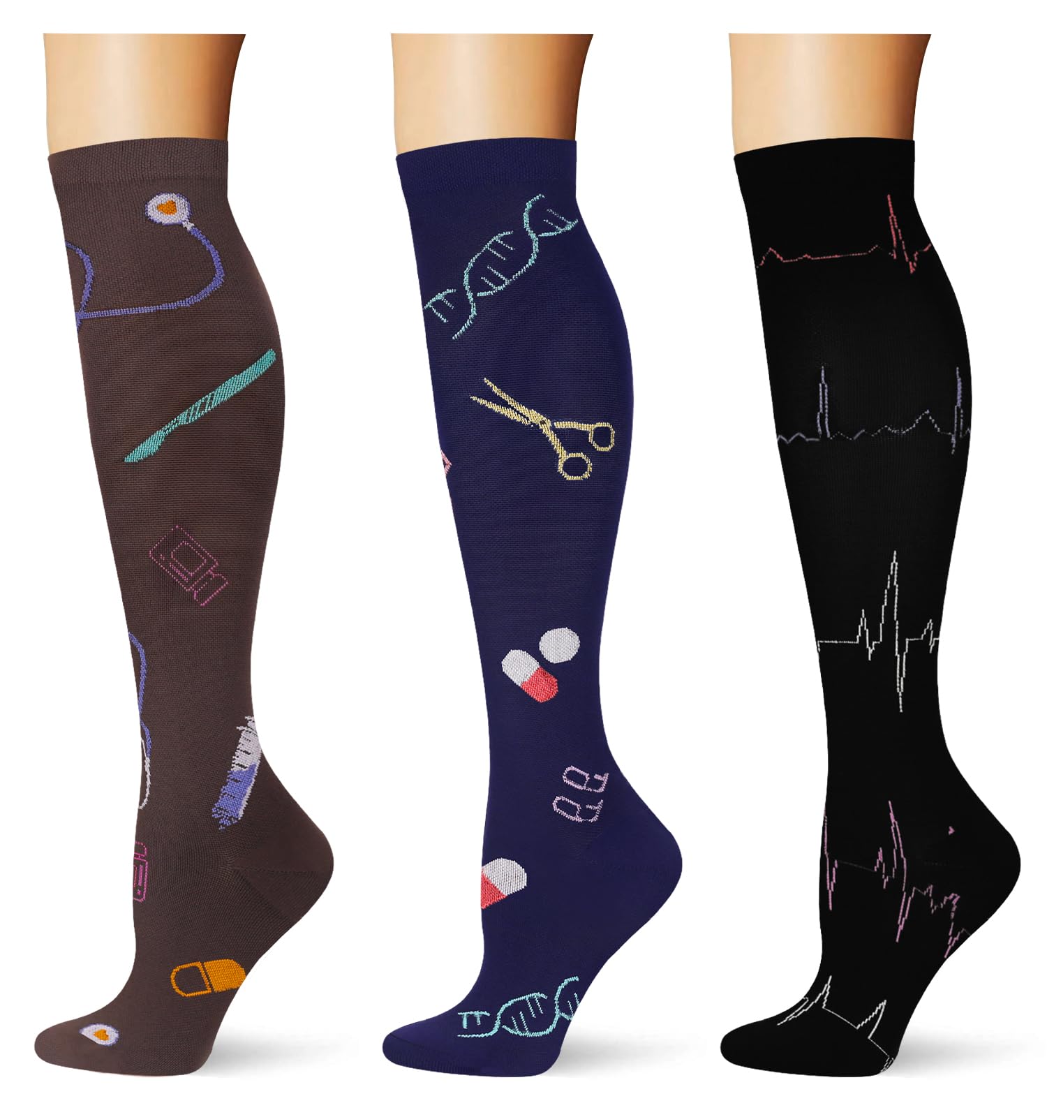 (3 pairs) Compression Socks 20-30 mmHg Long Knee High Socks for Women Men Support Athletic Travel Daily Wear