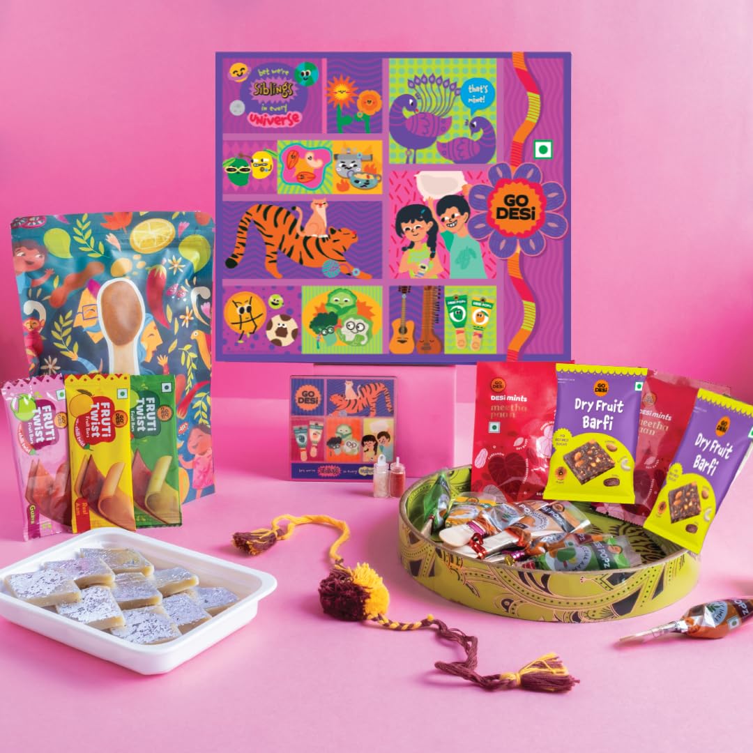 17-Item Premium Rakhi Gift Box | Rakhi Gift for Brother | Assorted sweets | Gift Hamper | Sweets gift box | Desi Popz | Fruti Twist | Meetha Paan | Dry Fruit Barfi | Kaju Katli | Snacks | Thali | Fridge Magnet | Raksha Bandhan Combo | Raksha Bandhan Gift Hamper