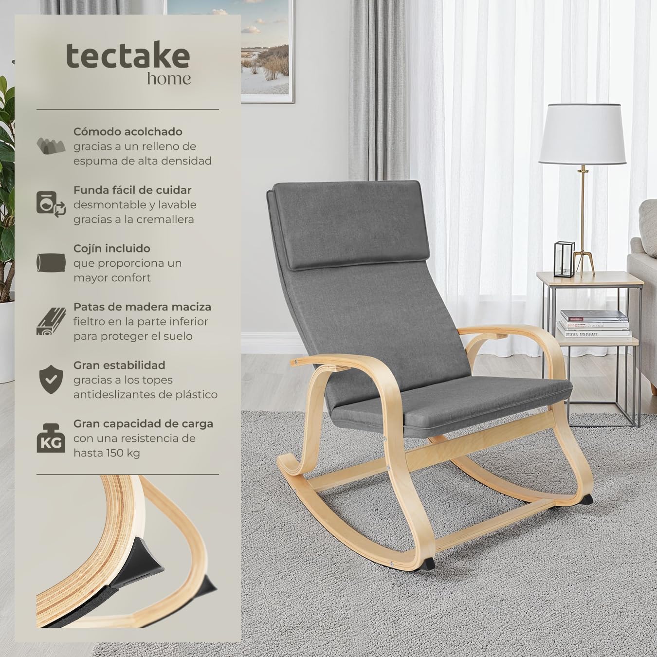 tectake® Mecedora Roca de Madera de Abedul 150kg, Silla Mecedora, Oscilante, Sillón Ergonómico para Balanceo - Gris Claro