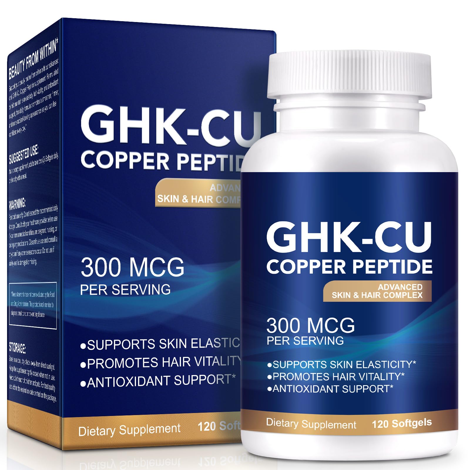 GHK-Cu Copper Peptide Supplement 300mcg for Skin & Hair Health 120 Softgels