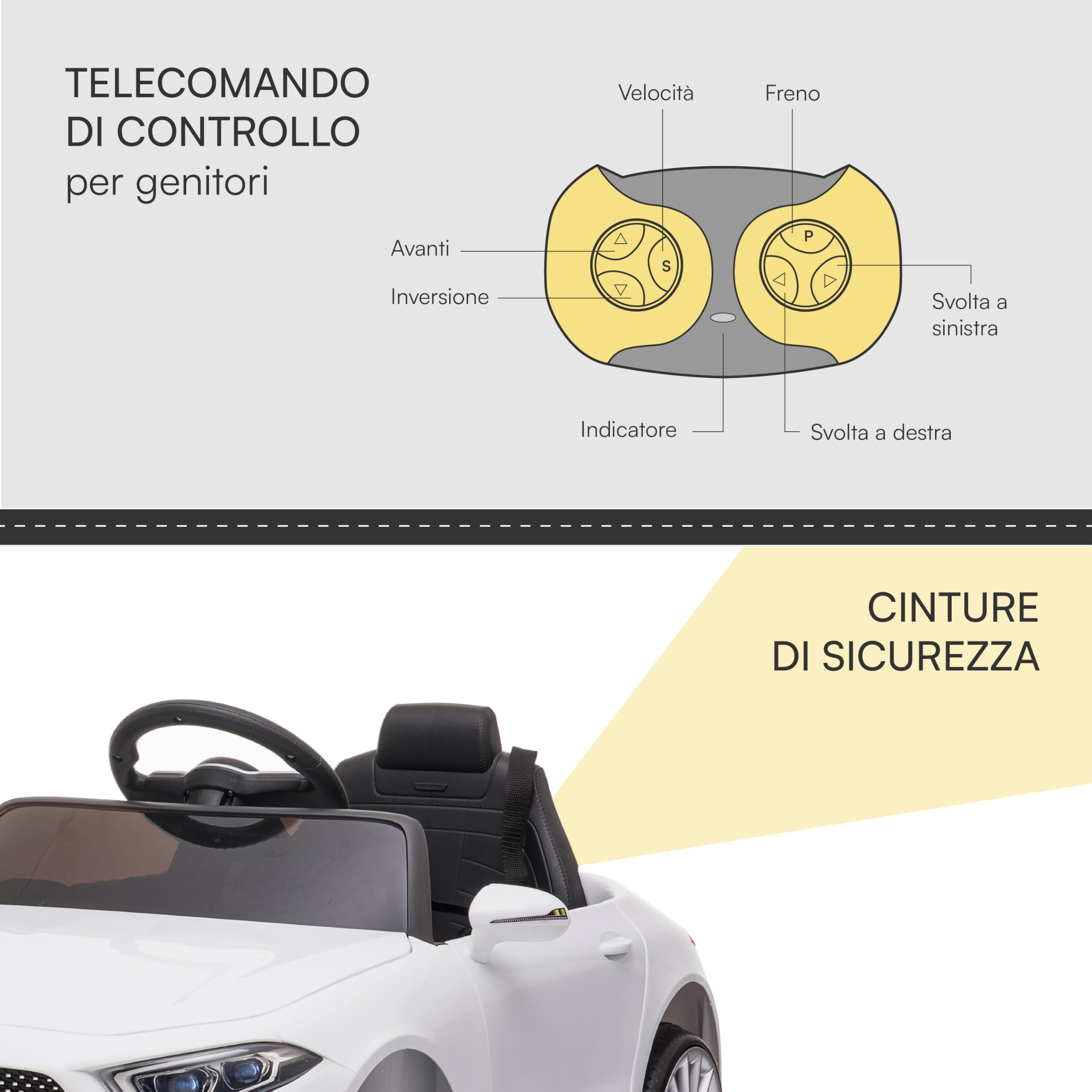 Baroni Toys Macchina Elettrica per Bambini Mercedes AMG Baby car Elettrica Full Optional Bianca, Auto Telecomandata con Sedile in Plastica e Porte Apribili, Batteria 12 V, Carico fino a 30 Kg