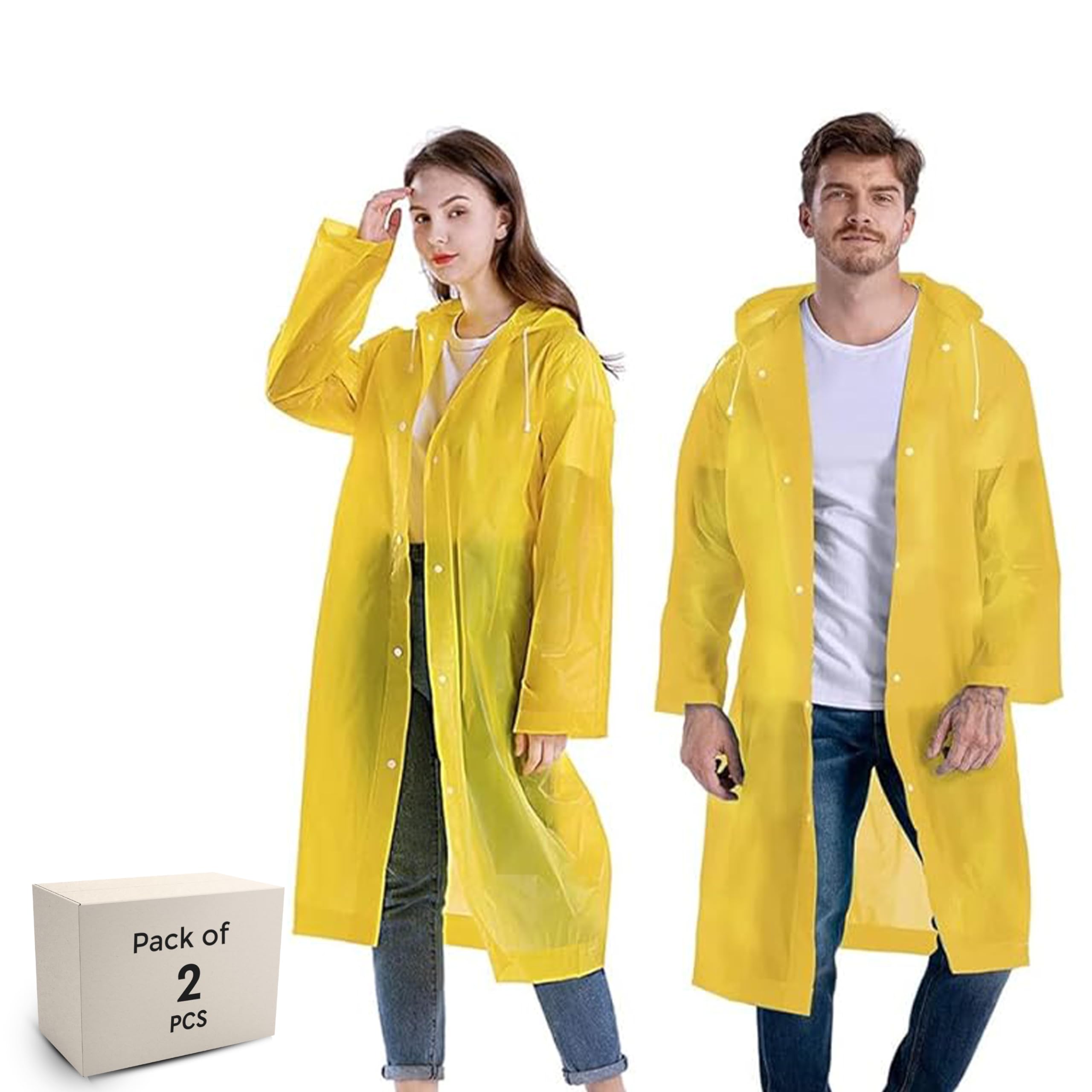 Robustt Unisex Raincoat With Hood - Yellow (Pack of 2) | Waterproof Rain Poncho | EVA Material | Reusable | Lightweight | Fashionable | Universal Size | Raincoat for Men and Women