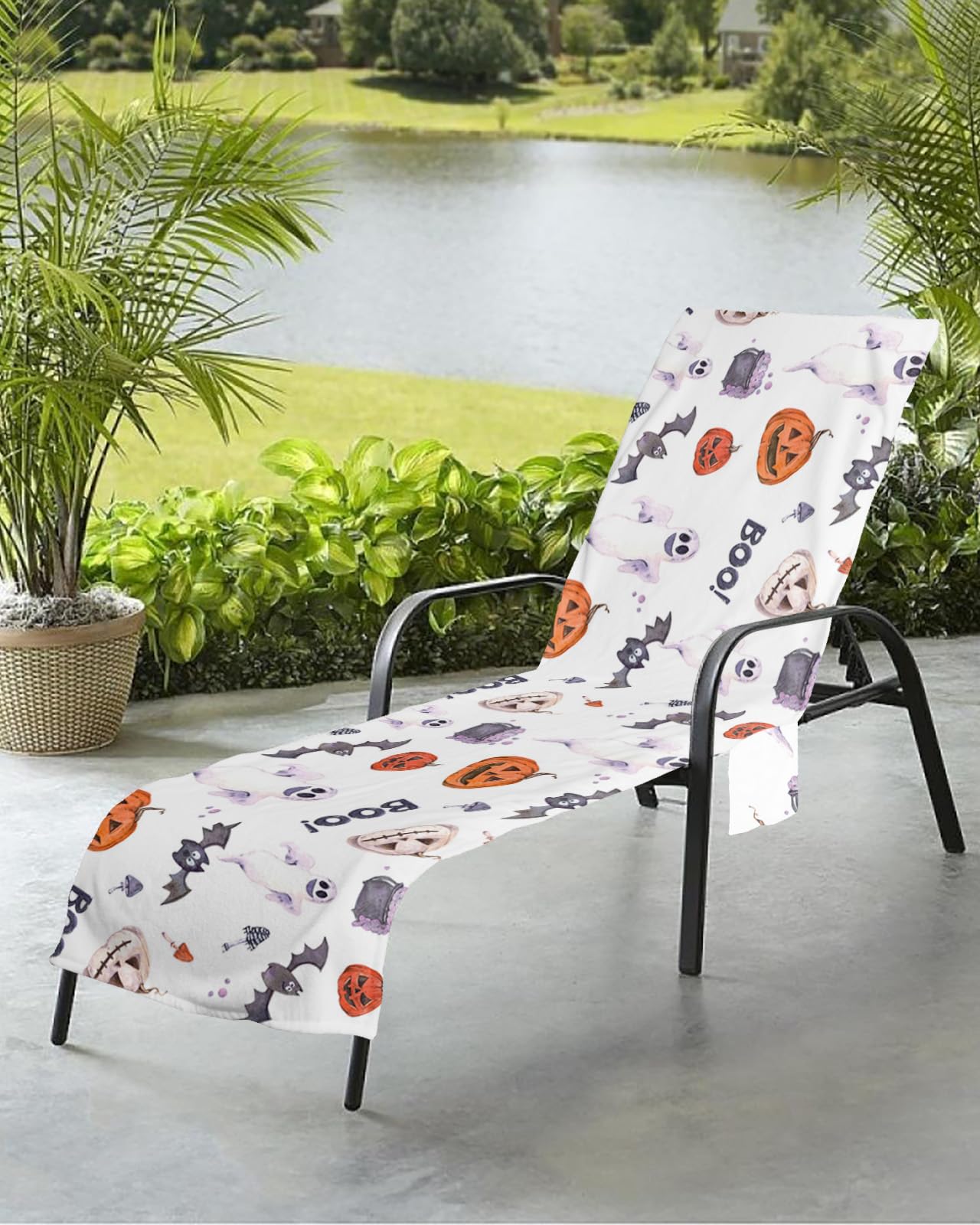 Halloween Beach Chair Towel Covers for Chaise Lounge with Side Pocket, Soft Plush Pool Towels Cover for Patio Sunbathing Outdoor 29''x85'' Horro Fall Pumpkin Ghost Bat Orange Black