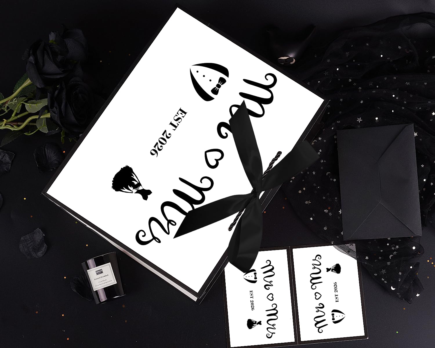 Jaywayang Large EST 2026 Mr & Mrs Wedding Gift Bag with Ribbon and Tissue Paper, 12.6" White and Metallic Black Bridal Shower Gift Bags, Engagement, Wedding Shower Party Favor.