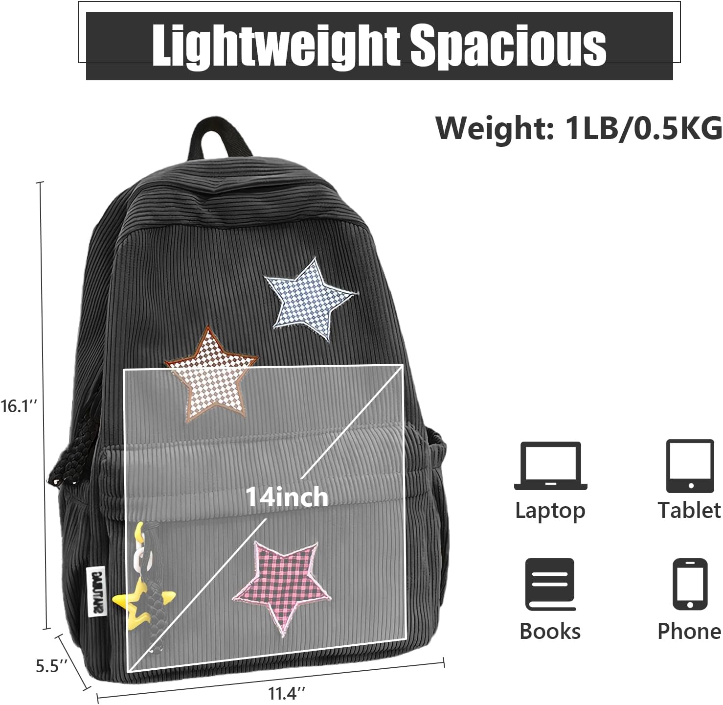 corduroy backpack with star pattern, trendy and versatile, fits 14'' laptop large capacity daily commute (black)