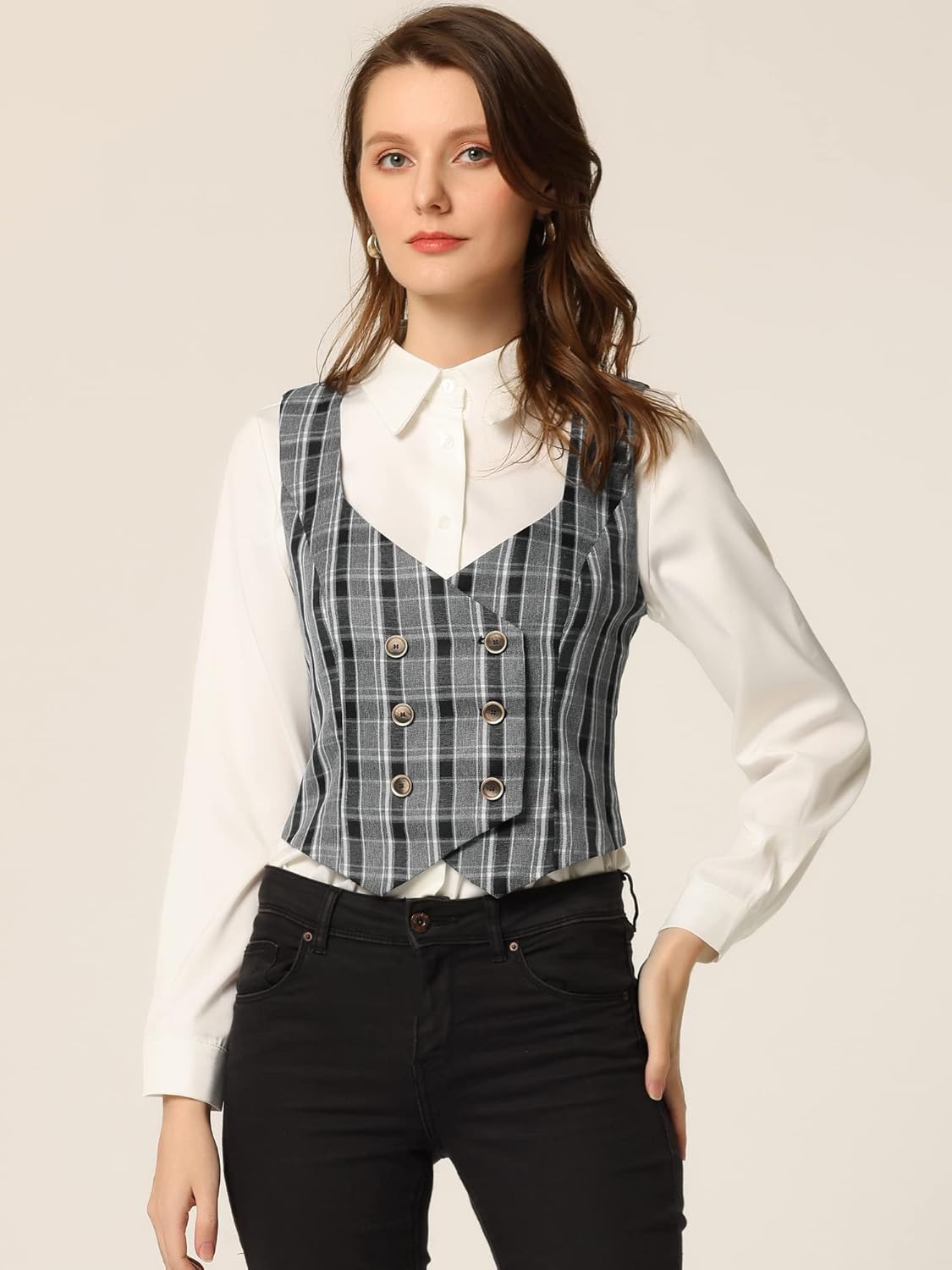 Allegra K Women's Suit Vest Plaid Steampunk Vintage 1950s Double Breasted Waistcoat - Image 2