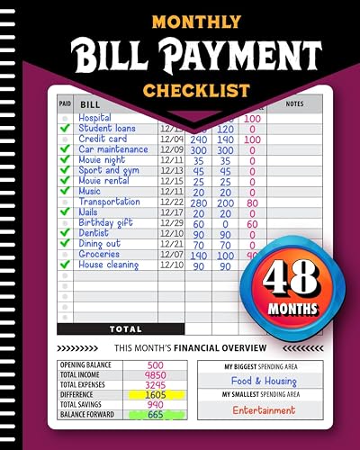 Monthly Bill Payment Checklist: Bill Tracker Notebook, The 4-Year Guide for Families &amp; Money Managers, 960 Billing Records Included!