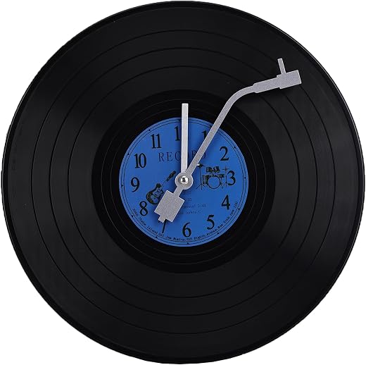 11.8 Musical Black Vinyl Record Wall Clock Battery Operated Unique Large Clock Wall, Black and Blue Music Themed Clocks, Wall Art Decor for Music Room Home Office School Classroom