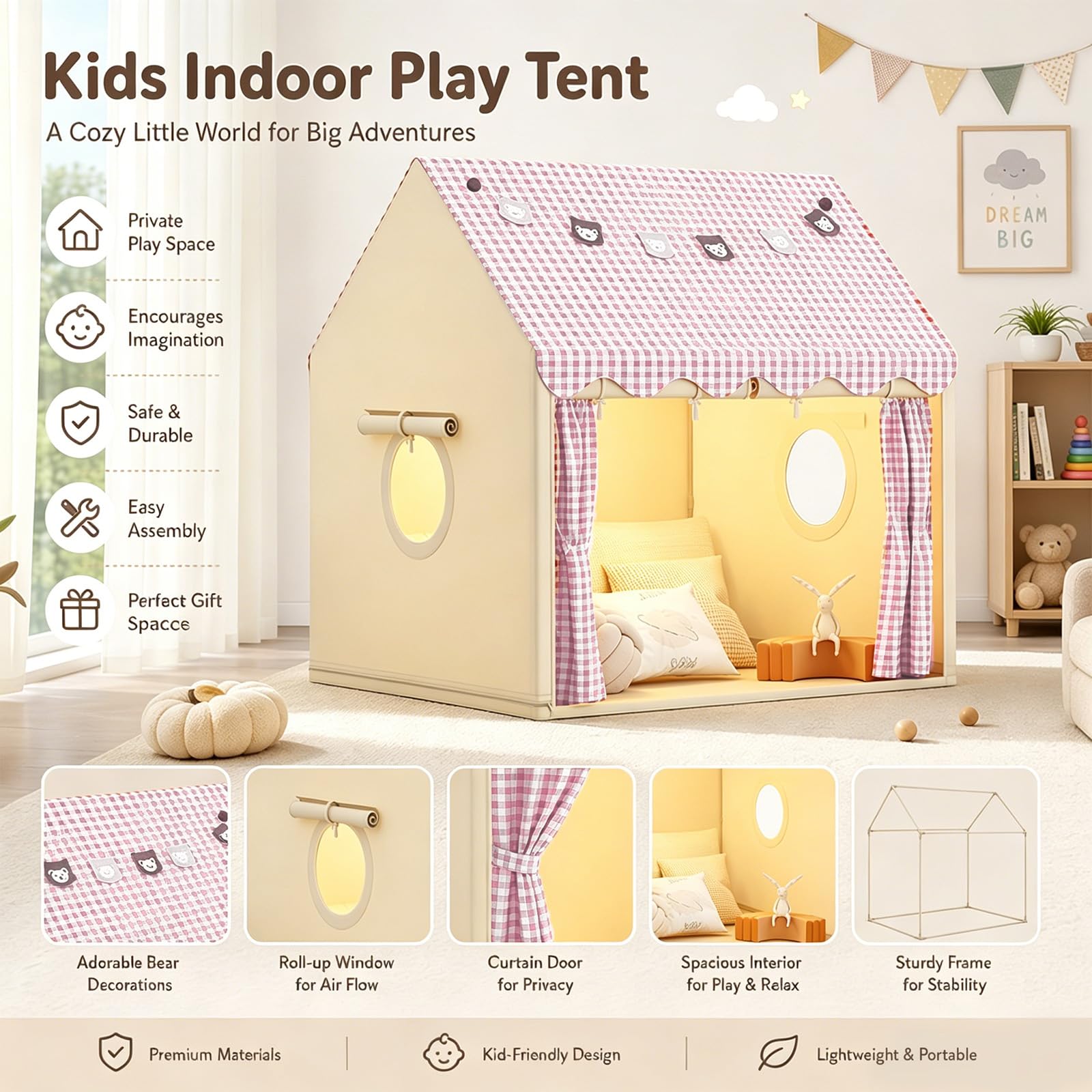 MeYuxg Kinderzelt Indoor,Prinzessin Zelt mit Fenstern und Kleine Bär Bunte Fahnen,120×105×128cm Innenbettzelt für Kleinkinder,Spielzelt für drinnen,Kinder Spielhaus für Jungen und Mädchen