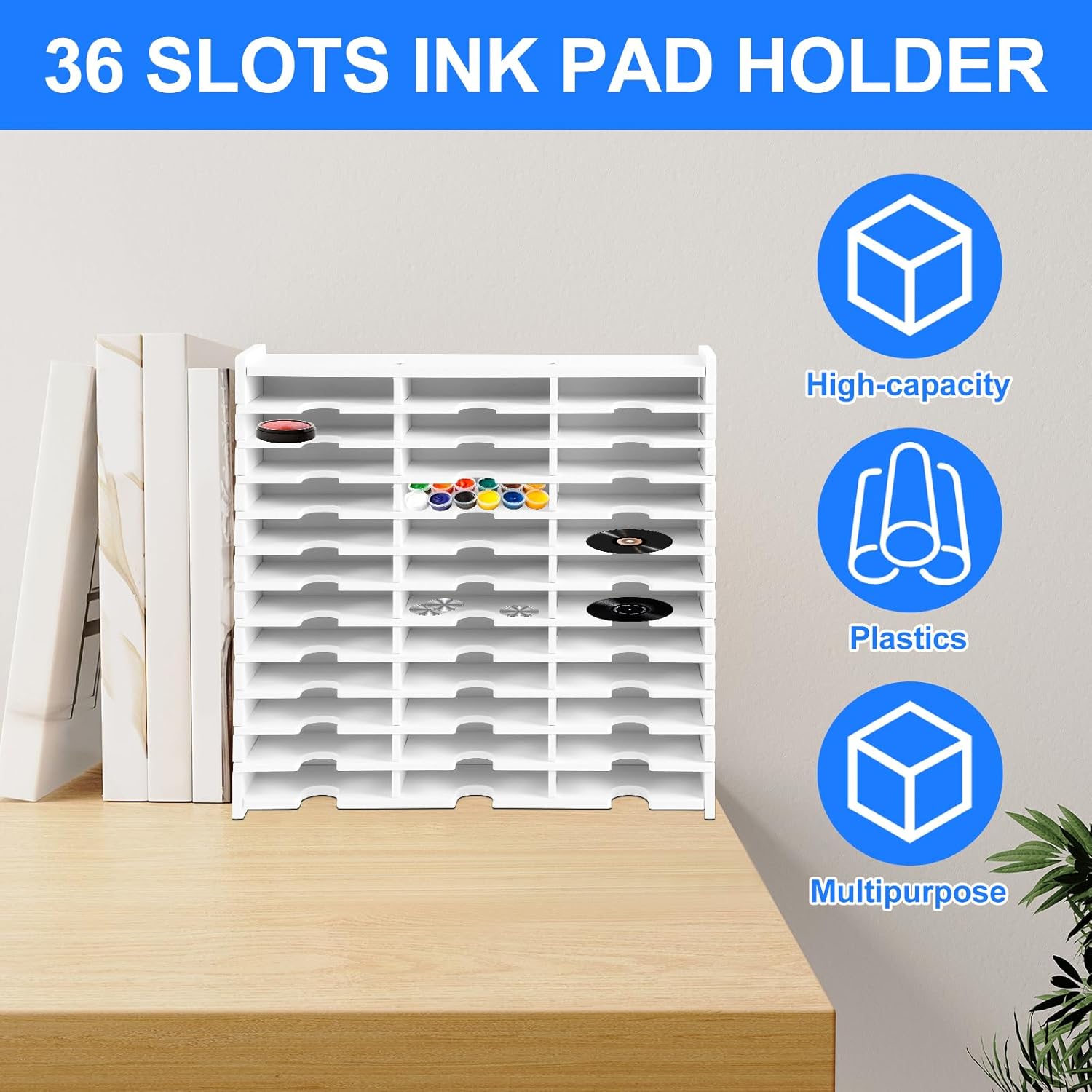 36 Slots Ink Pad Printing Storage Holder DIY Storage Box Large Capacity Items Plastic Racks Handmade Supplies Storage Shelf Printing Pad Storage Shelf for Home Office Crafts School Supplies, White