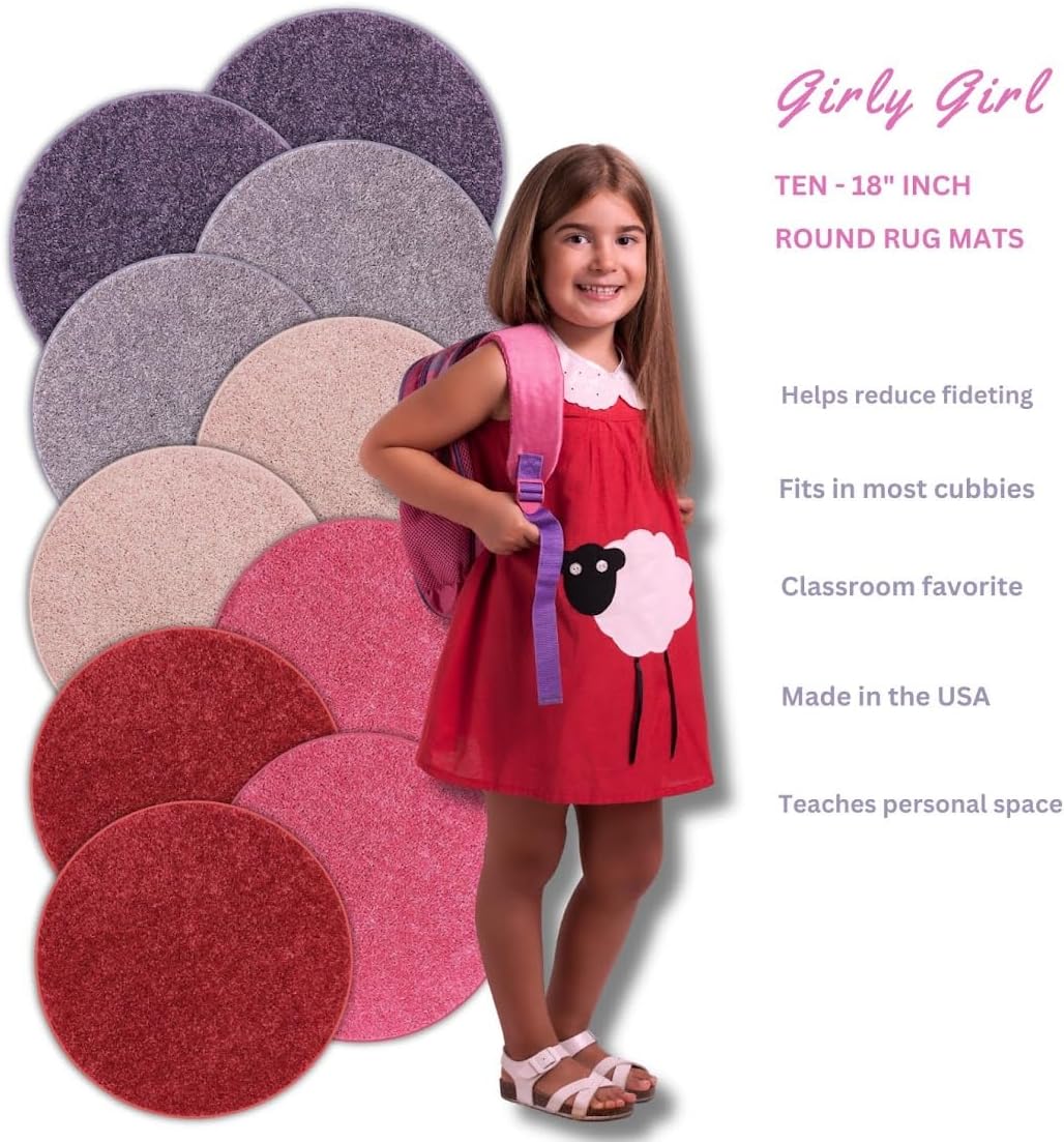 A Girly Girl Set of 10 Children's Crazy Carpet Circle Seats - 18" Round Rug Mat