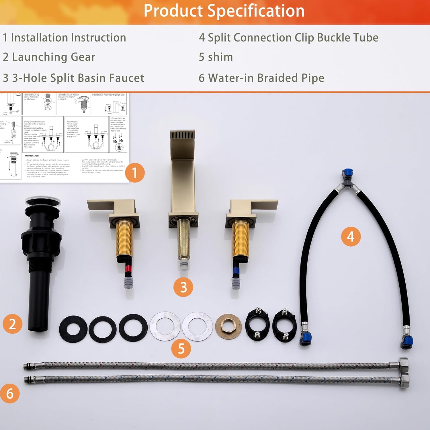 Brushed Gold Waterfall Bathroom Faucet 3 Holes - 8 inch Bathroom Sink Faucet 2 Handles - Stainless Steel Widespread Bathroom Vanity Faucet with Pop Up Drain & 2 Water Supply Lines