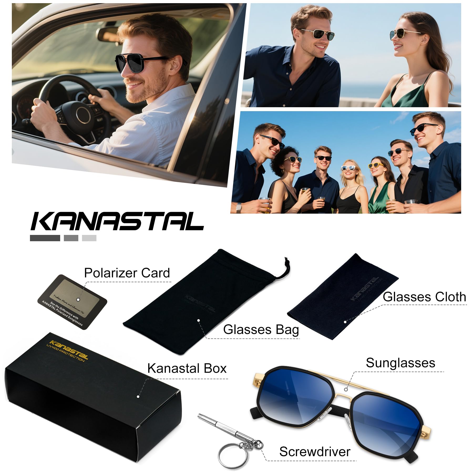 KANASTAL Lunettes de Soleil Homme Polarisées Mode Lunette de Soleil Femme Carrée UV400 Rétro Double Pont