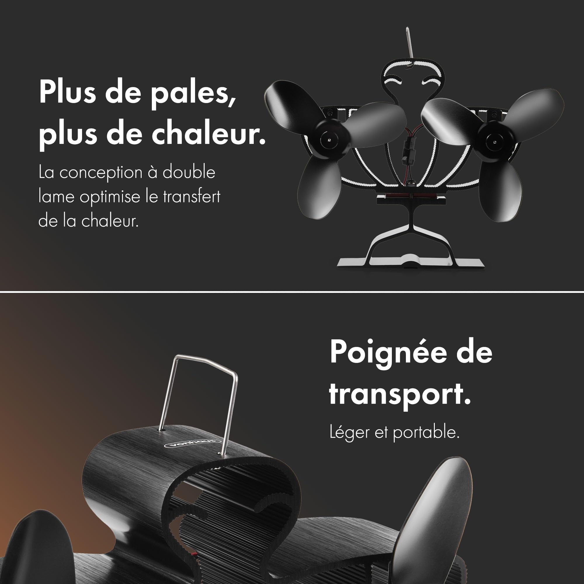 VonHaus Double Ventilateur de Poêle à Bois - Ventilateur Cheminée à 6 Pales - Alimenté par la Chaleur - Silencieux, Circulation Respectueuse de l'Environnement