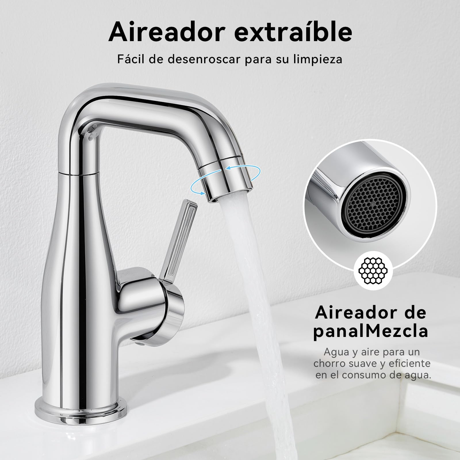 CECIPA Grifo lavabo función arranque frío para lavabos sobre encimera Cromo | Grifo de baño giratorio 360°, ahorro de energía y agua, sin plomo para seguridad, compatible con agua fría y caliente