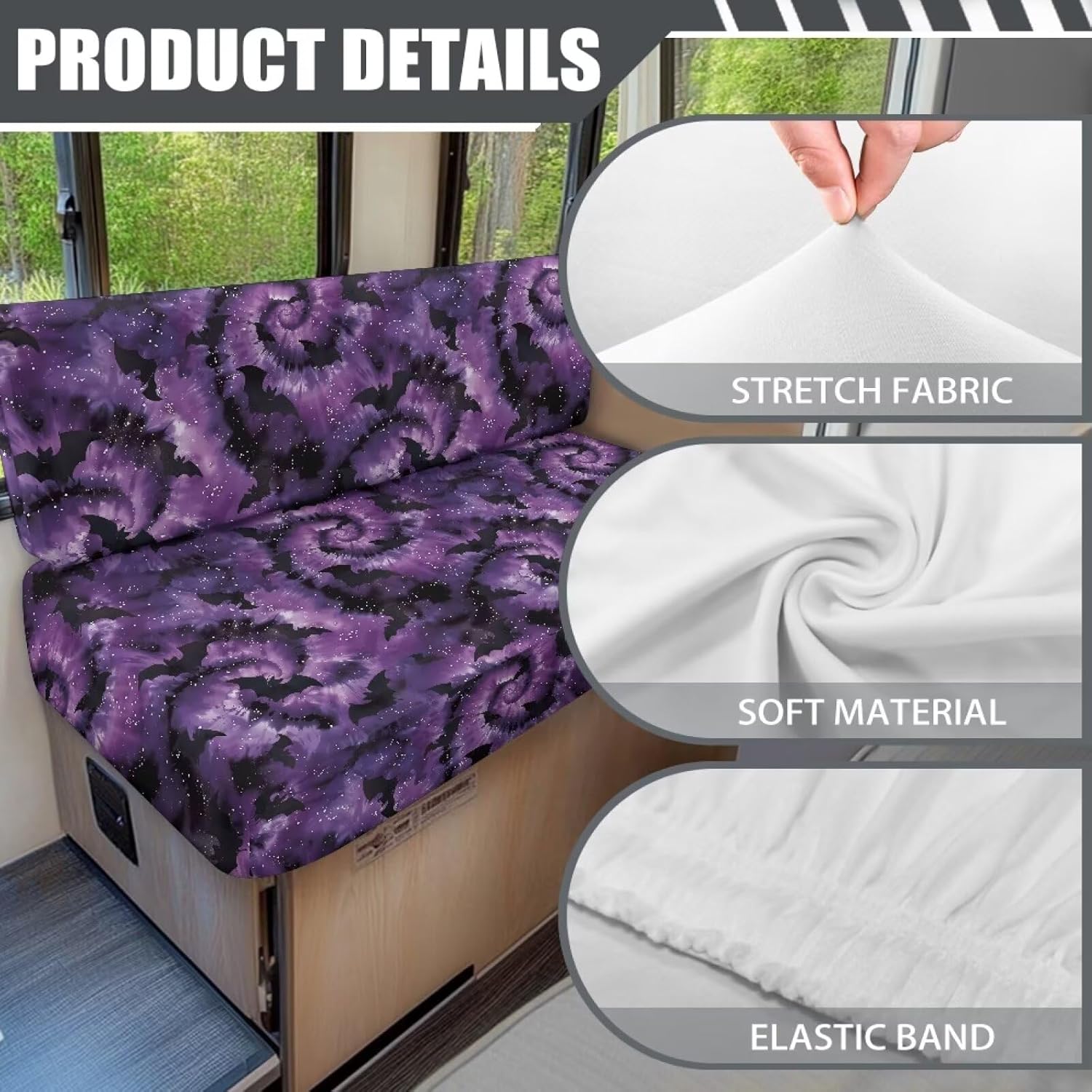 Purple Tie Dye RV Dinette Cushion Covers Stretch Camper Cushions Cover Replacement Halloween Decor Loveseat Slipcovers for Travel Trailer Sofa Couch Includes 2 Backrest & 2 Bench Cover