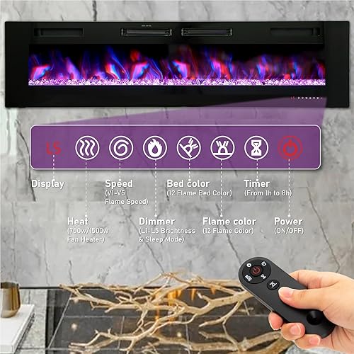 Miniatura 4 de PHI VILLA Chimenea eléctrica de 72 pulgadas montada en la pared y empotrada, chimenea lineal ultrafina de 3.19 pulgadas 7501500 W con control