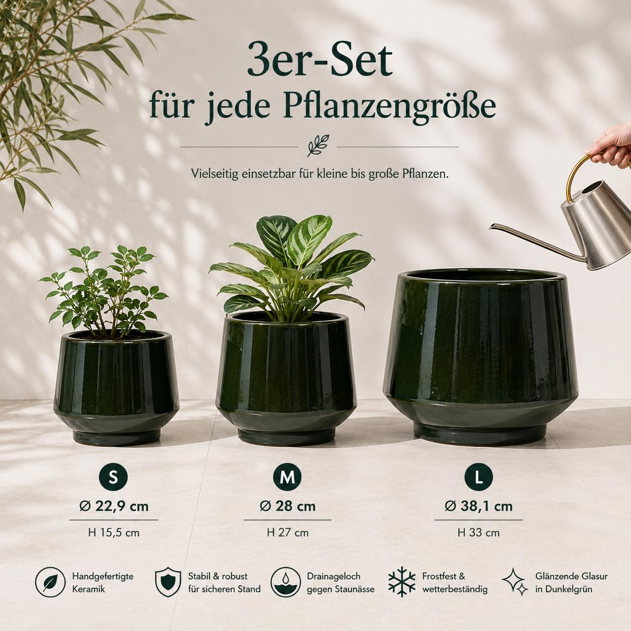 3er Set Keramik Blumentöpfe Groß, 38.1/28/22.9 cm Durchmesser Übertöpfe für Pflanzen, Große Blumentopf mit Drainagelöchern für Innen und Außen, Terrasse, Garten und Poolbereich, Dunkelgrün Glänzend