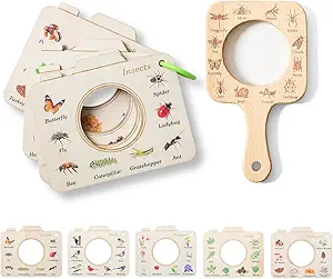 Magnifying Glass for Kids Wooden Montessori Educational Explore Toy Magnifying Glasses and Wood Bug Cards for Outdoor Adventure Birthday Gift for Boys Girls Ages 3+