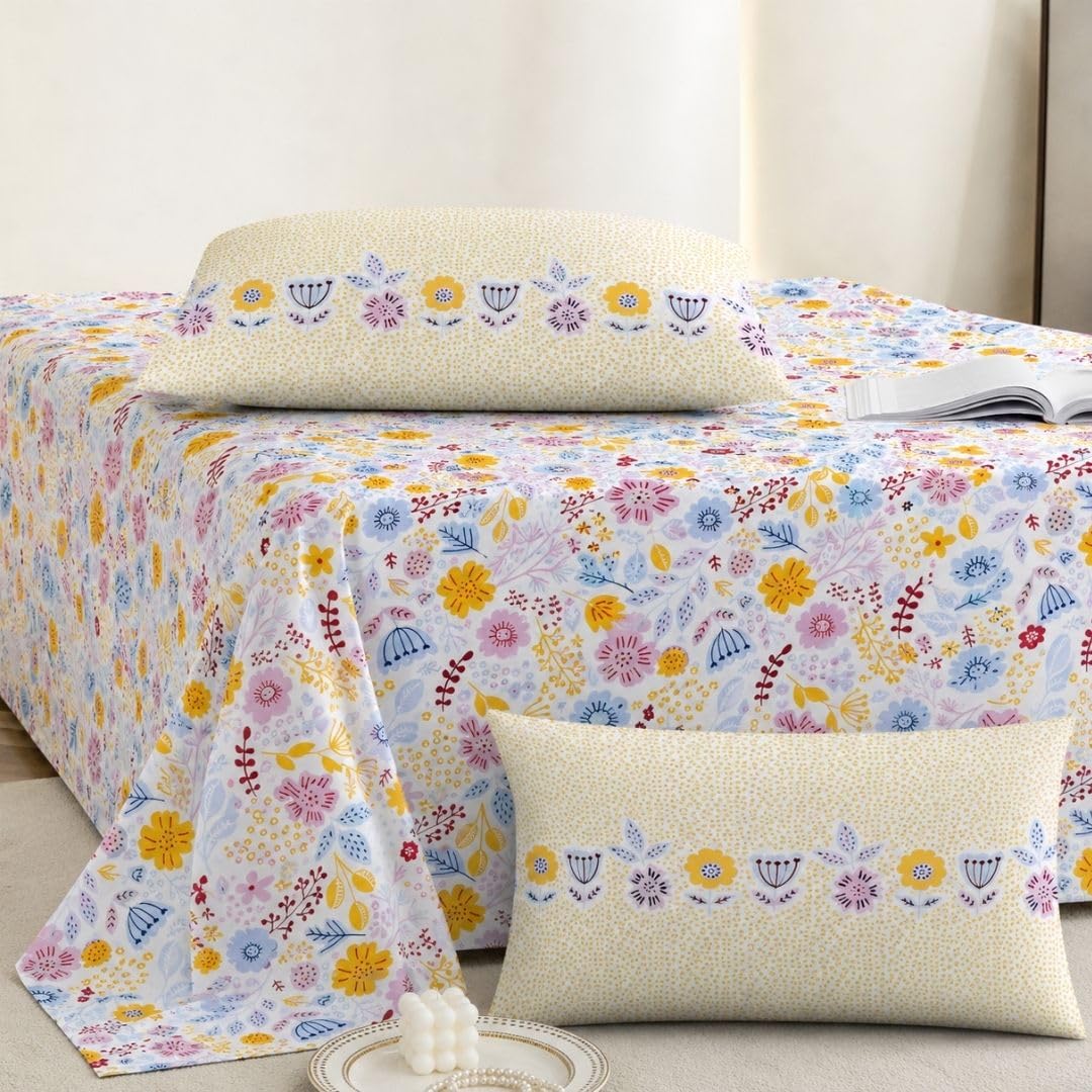 Jaipur Weaves Bedsheet Single Size 100% Pure Cotton Bed Sheet with 1 Pillow Cover, 240 TC Premium Bedding Set, 63x90 inches, Super Soft Cozy (Sunny Floral Delight, Single)
