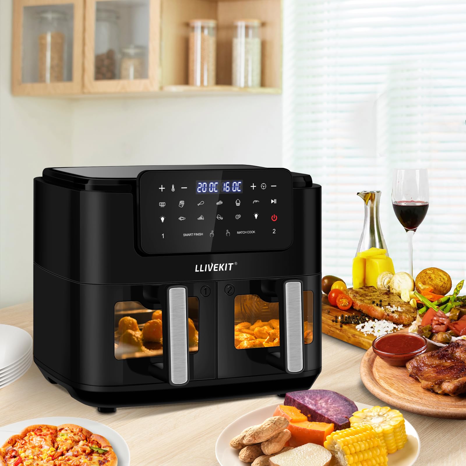 LLIVEKIT Frytkownica na gorące powietrze Dual Zone z okienkiem, 9 l, XXL, bez tłuszczu, z ustawieniami gotowania 9 w 1, 2 szuflady, ekran dotykowy, funkcja Smart i timer, zdrowa i niskotłuszczowa | 9 w 1, piekarnik XXL bez oleju, piekarnik na gorące powie