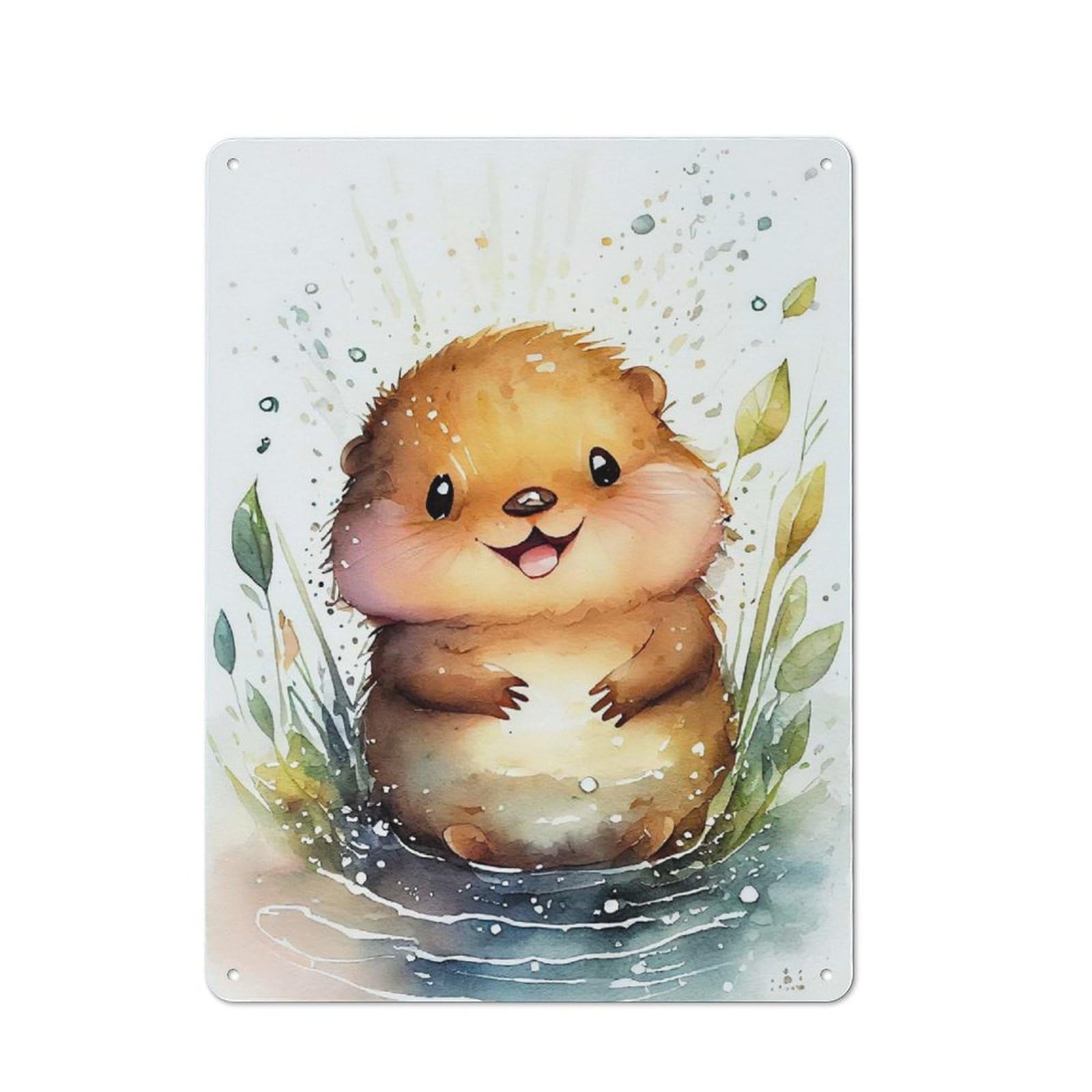 Junmoney Beaver Watercolor Cute Rustic Metal Wall Sign 40X30cm For Café Or Restaurant, Gift Idea At Christmas For Café Owners And Decorators
