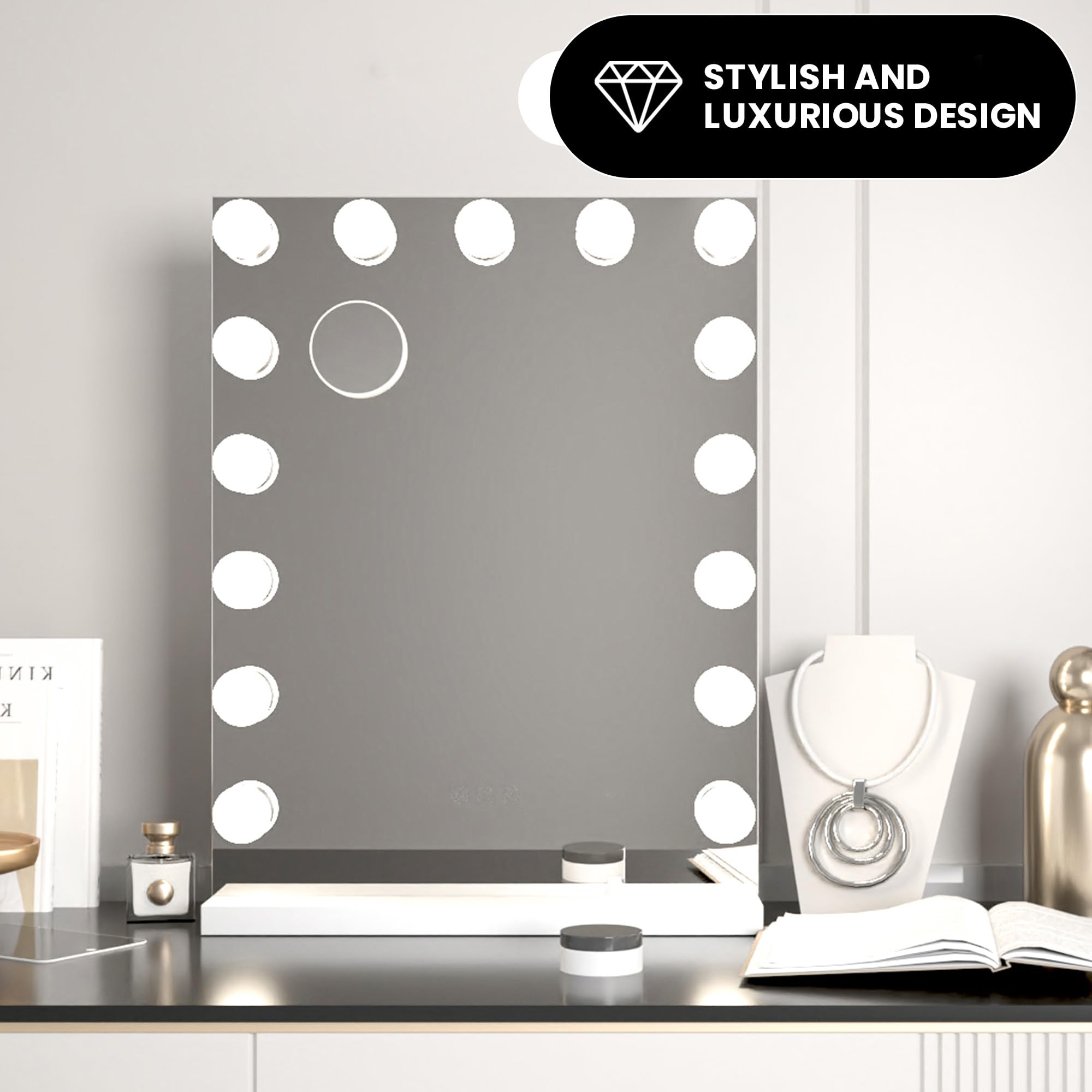 Bayt Specchio Trucco con luci LED – Specchio Hollywood Bianco 43x60 cm con 15 Lampadine Dimmerabili, 3 Tonalità di Luce (calda, fredda, naturale), Touch Screen & Specchietto Ingranditore 10x