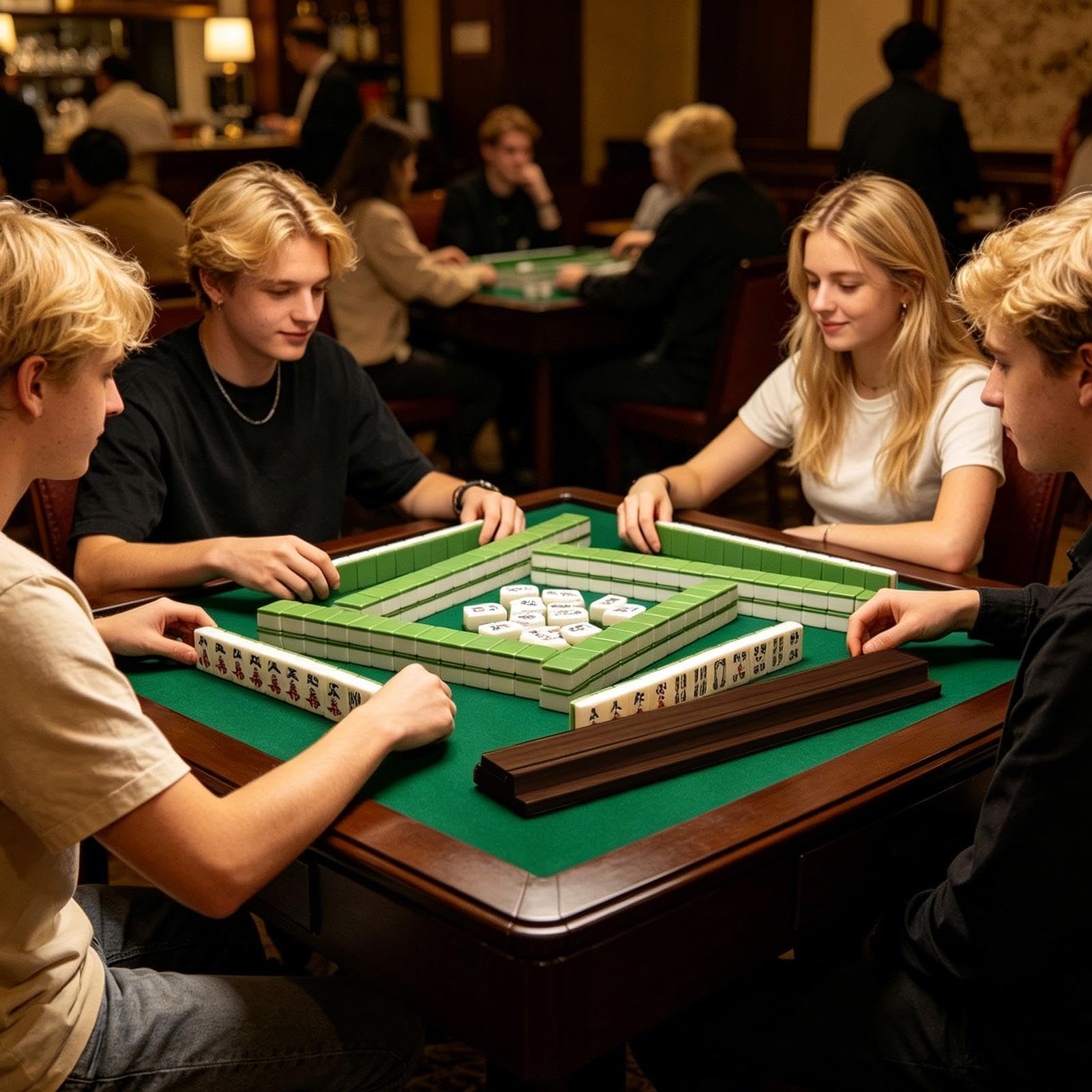 Generisch Mahjong z drewna, akcesoria do gier stołowych, zestaw drewnianych uchwytów na kamienie mahjong, na imprezę, do domu, w podróży, w klubie, dla kobiet i mężczyzn