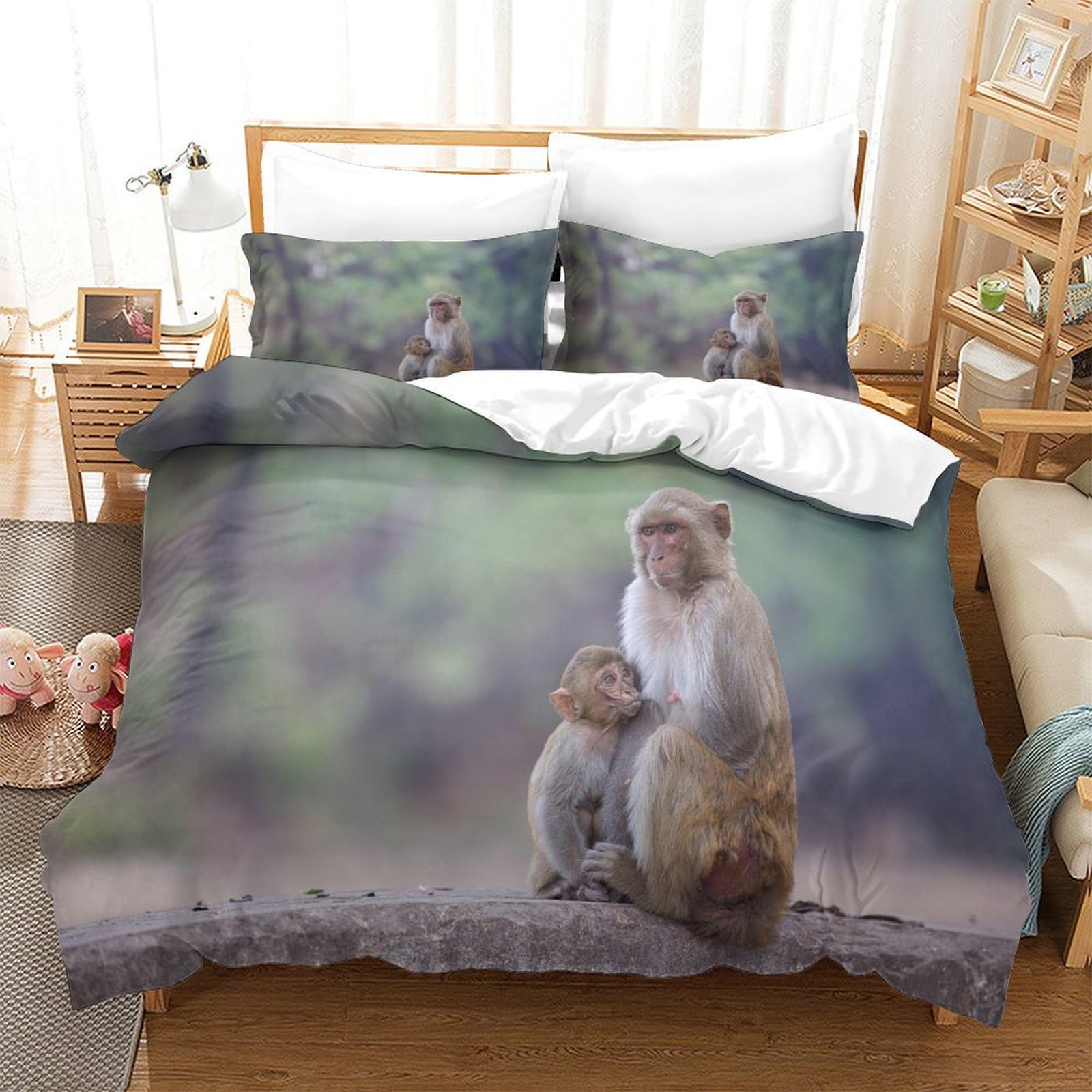 P1S9U7W5Y Wildlife 3D Printed Monkey Duvet Cover Set 3pcs Eco Microfiber Monkey Bedding Set King