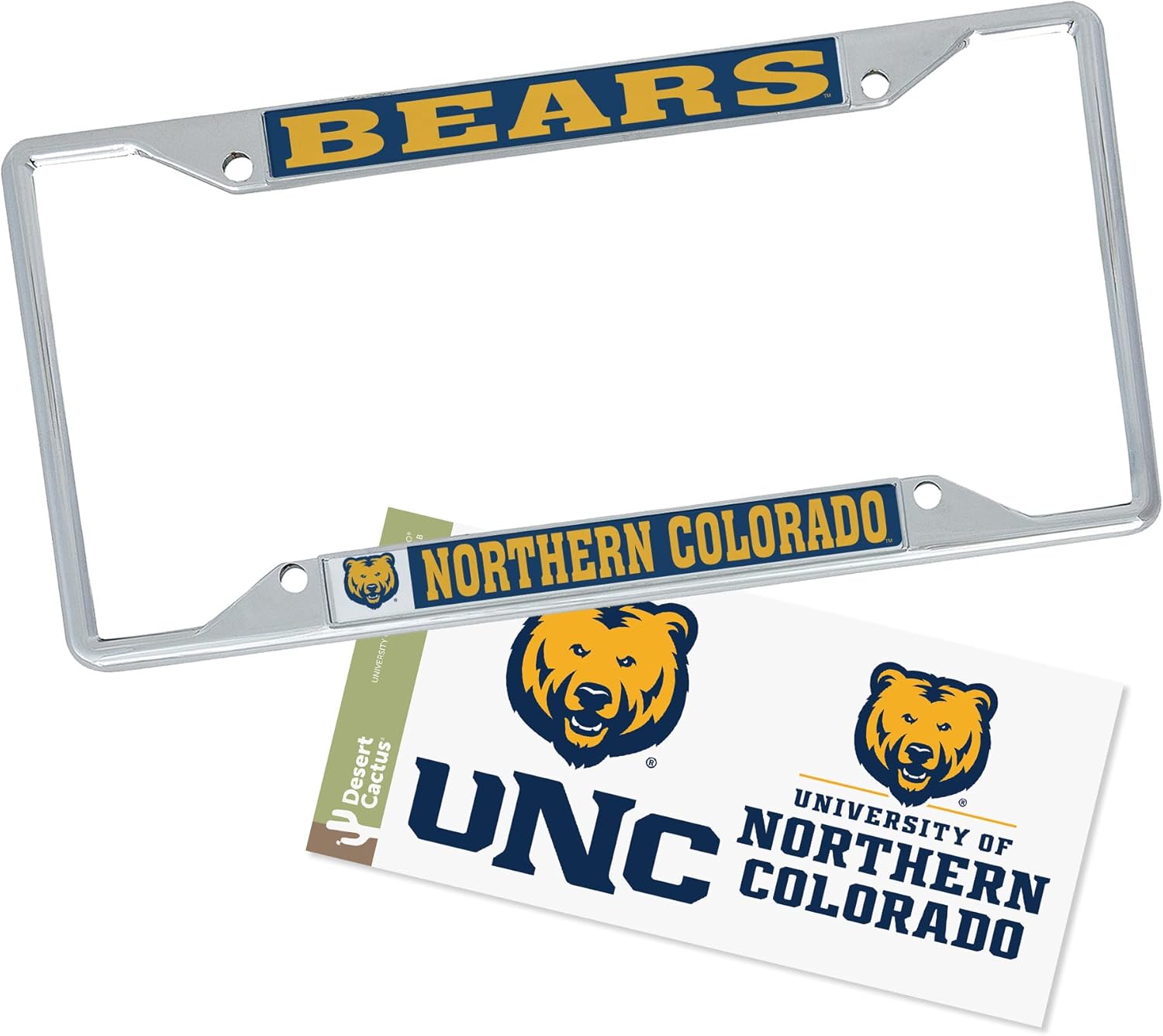 Desert Cactus University of Northern Colorado Car Accessories Metal License Plate Frame and Sticker for Front or Rear of Car (Sticker Frame Combo - Mascot)
