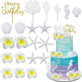 Morofme 21Pcs Hawaiian Beach Cake Decorations Starfish Cake Decor with Seashells Artificial Plumeria Flower Happy Birthday Cake Toppers for Tropical Aloha Summer Ocean Theme Wedding Baby Shower