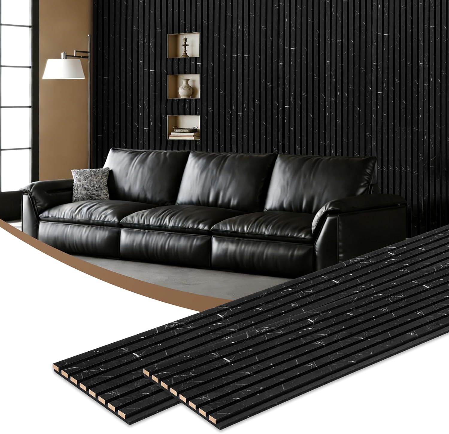 2-Pack 94.5"x12.6" Sleek Black Marble Acoustic Wood Panels for Wall, Soundproof Wood Slat Panel for Wall and Ceiling, 3D Fluted Sound Absorbing Paneling for Interior Wall Decor, Living Room, Bedroom