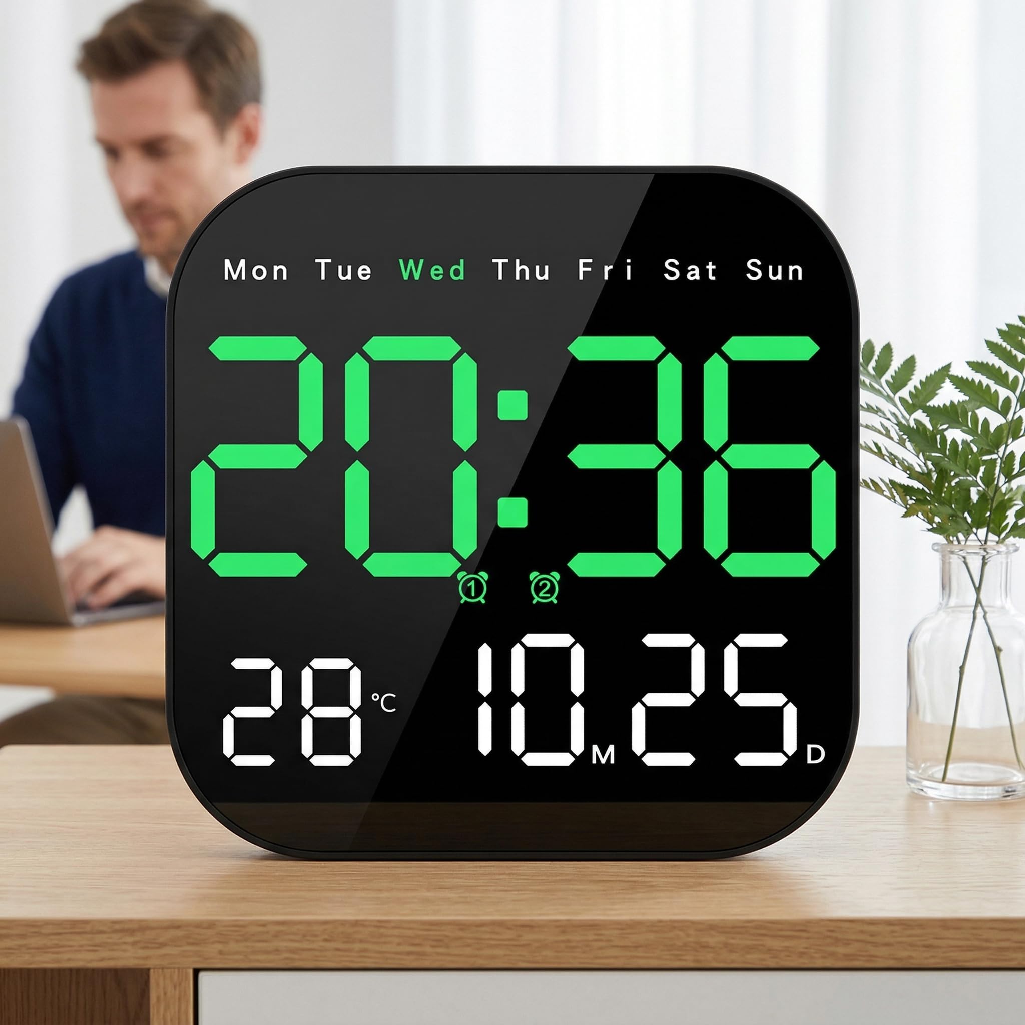 Multifunktionaler Digitaluhr mit LED-Display, Temperatur-, Datum- und Wochentag-Anzeige, Wandmontage, Tischständer, Fernbedienung, Helligkeit Regulierbar, für Zuhause und Büro (Rosa)