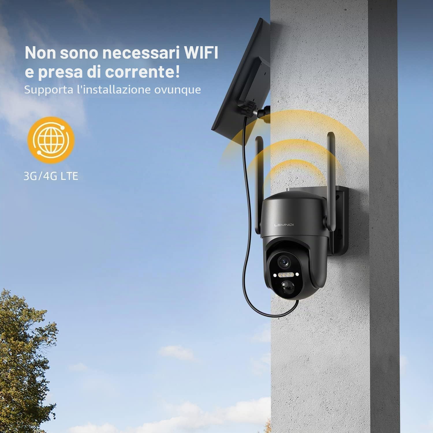 LEMNOI 4G Solare Telecamera con SIM Preinstallato, 2K HD, Impermeabile | Telecamera 2K PTZ Esterna con Pannello Solare, Visione Notturna a Colori, Rilevamento PIR, Accesso Remoto
