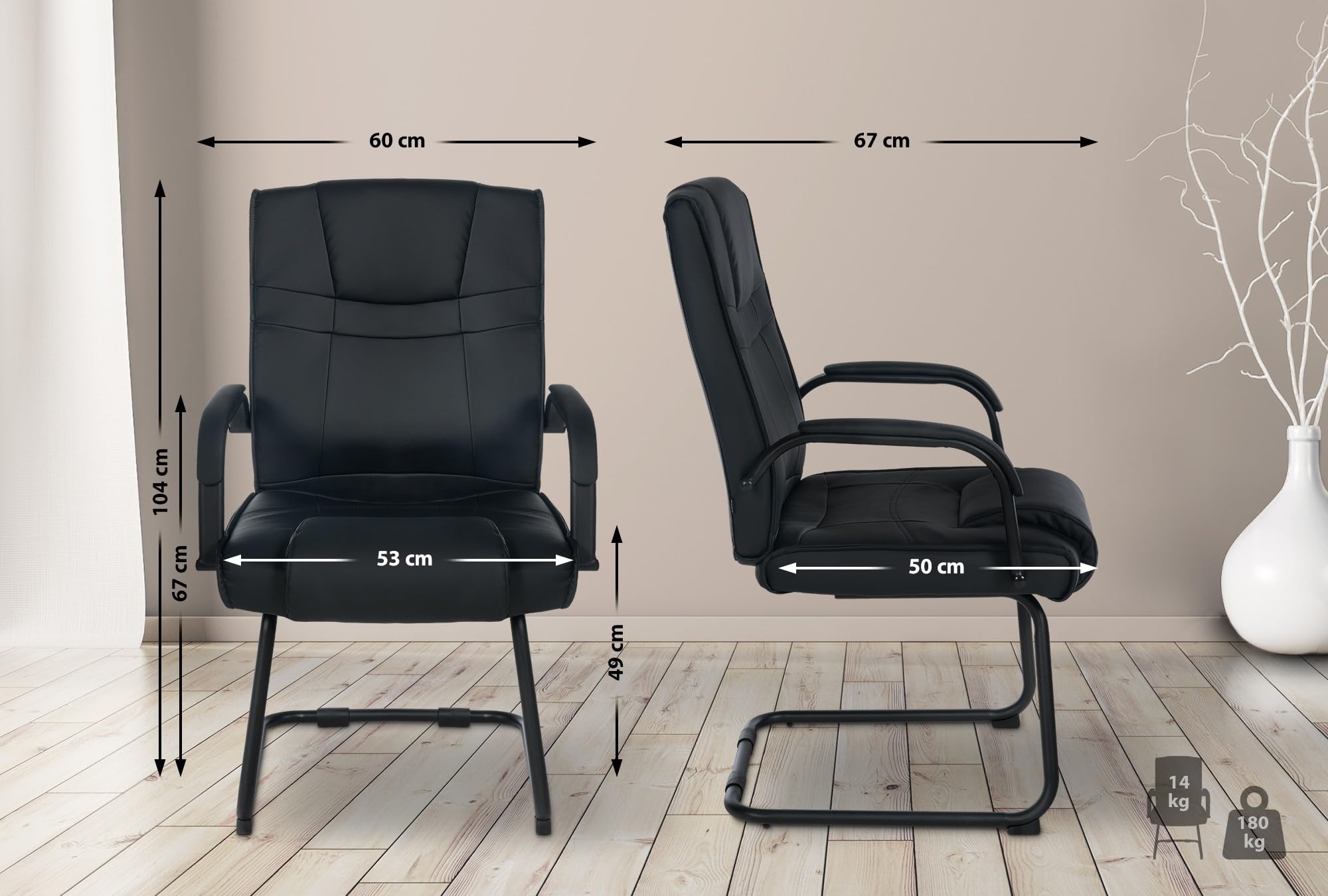 CLP Sedia Cantilever XXL Attila In Similpelle I Sedia Studio Con Imbottitura E Braccioli I Sedia Ufficio Conferenza, Colore:nero/nero