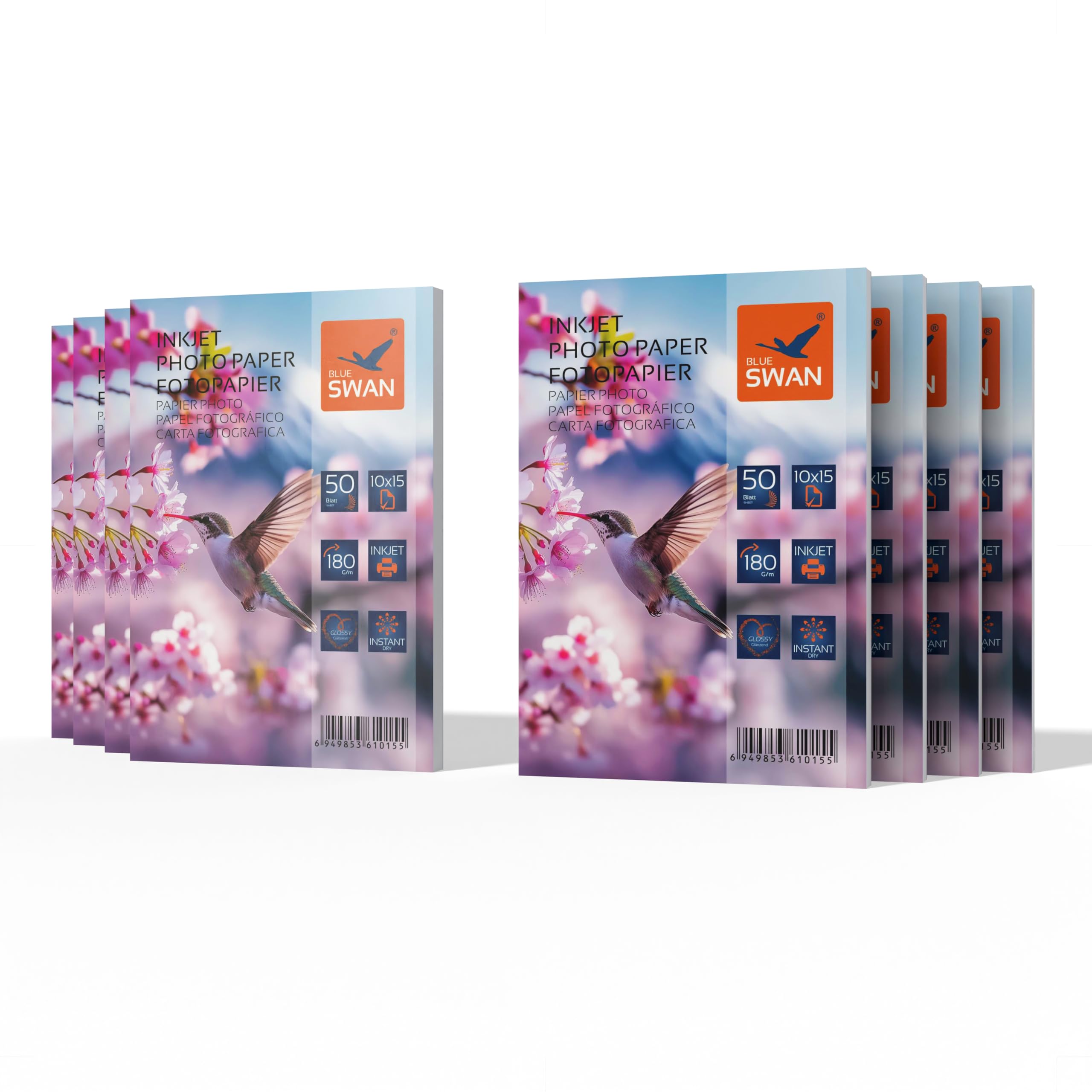 BLUE SWAN Carta Fotografica Lucida 10×15 cm, 180 g/m², 400 Fogli (8×50) – Rivestimento Monolato, Asciugatura Rapida, Resistente all’Acqua e ai Graffi, Colori Brillanti