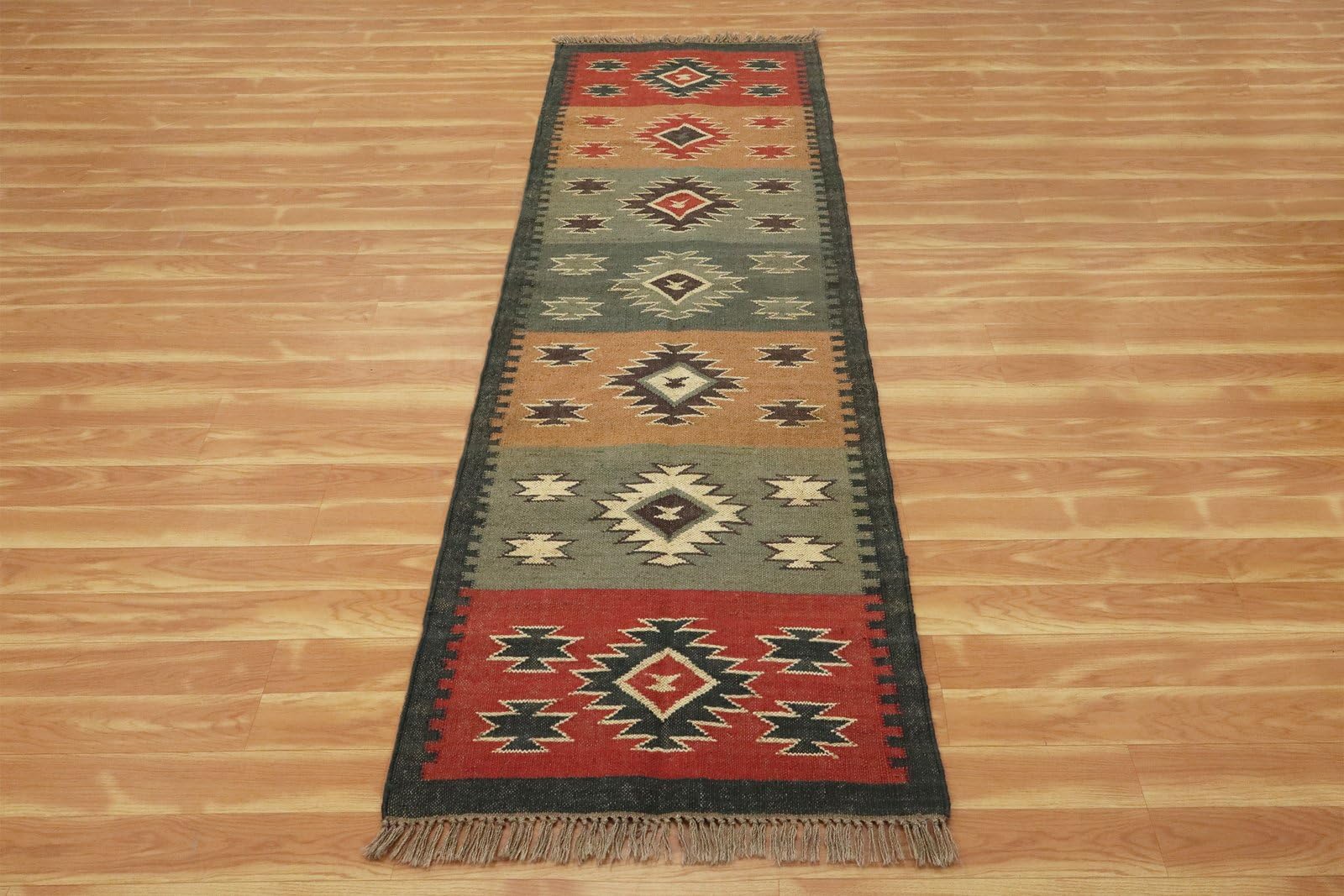 Läufer – Teppich Kelim, wendbar, Wolle, Jute, Südwestern, handgewebt, für drinnen und draußen, Flachgewebe-Teppich für Zuhause und Foyer, Flur, Treppenläufer