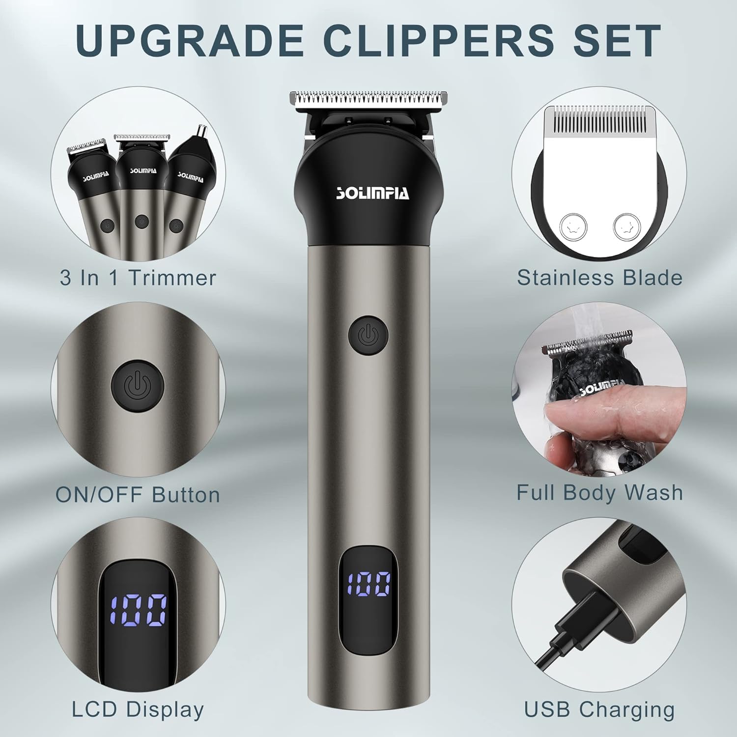 Solimpia Hair Clipper&Trimmer Profesjonalny Fryzjer Domowy Zestaw do Pielęgnacji, Akumulatorowy Elektryczny Przycinacz do Włosów do Ciała Broda Bezprzewodowy Strzyżacz do Włosów Dla Mężczyzn Kid