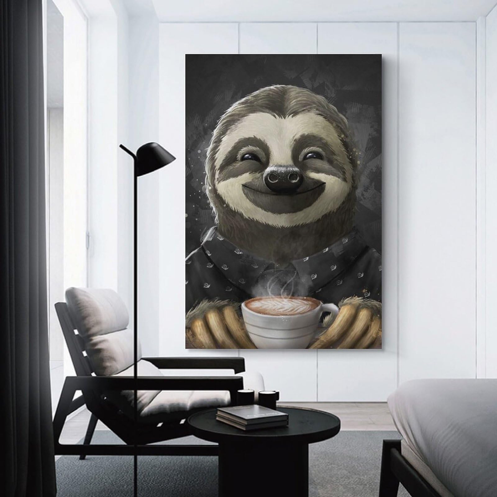 Junmoney Morning Sloth Coffee Black Canvas Wall Decor 24x36inch(60x90cm), for Calm Bedrooms, Home Corners Or Flats, An Easy Wall Refresh for Bedrooms