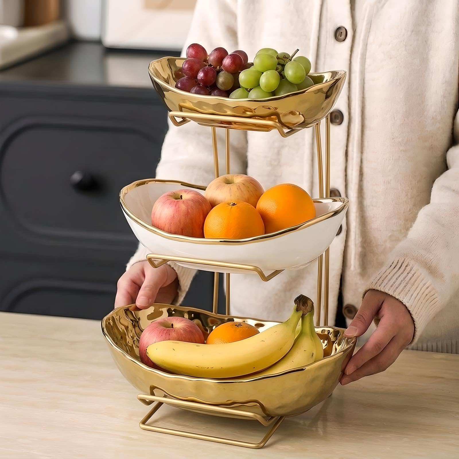 Ciotola per frutta a 3 livelli con supporto in metallo dorato, ciotola per frutta in ceramica per casa, feste, cucina, bancone, per snack, caramelle, pane (dorato))